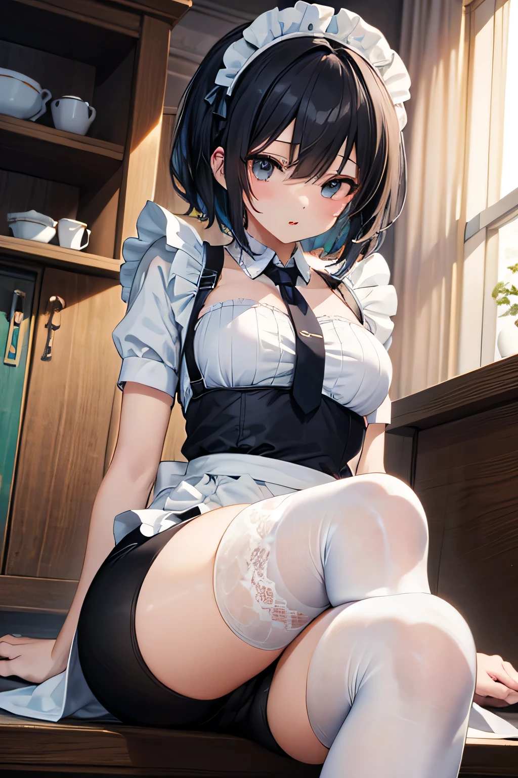 masterpiece, best quality, highly detailde, (extremely detailed fine touch:1.2), (natural light, sun light, light rays, dappled light, reflection, shadows, ray tracing:1.2), 1girl, expressive eyes, ((perfect face)), (detailed face), shy face, standing, maid skirt, apron, skirt lift, black panties, (from below:1.2), white thighs, house background, (thighs:1.4), garter belt, garter straps, (Masturbation, Clothes from hand to hand, Finger masturbation:1.3)