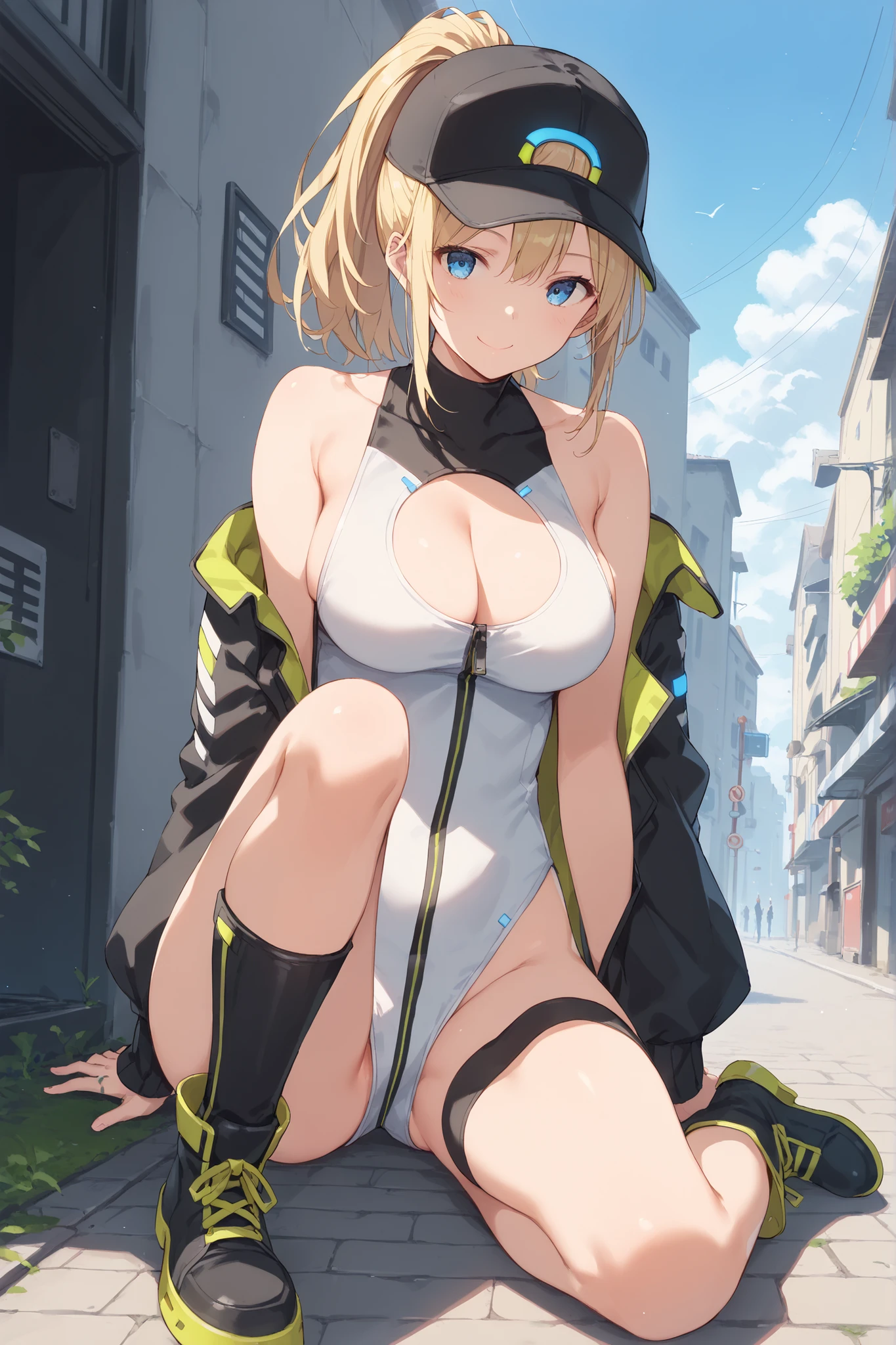 score_9, score_8_up, score_7_up, source_anime, rating_safe, ounggirl, Alone, compAF, Shoulders, kneel, lower back with a cap, smile,large_breasts,outdoor,old_building_shutter_background,girl_on_parking,ponytail,smile,blue_eyes,large_eyes,blond_hair,black_thighhigh_boots,sitting, gravure_posing,