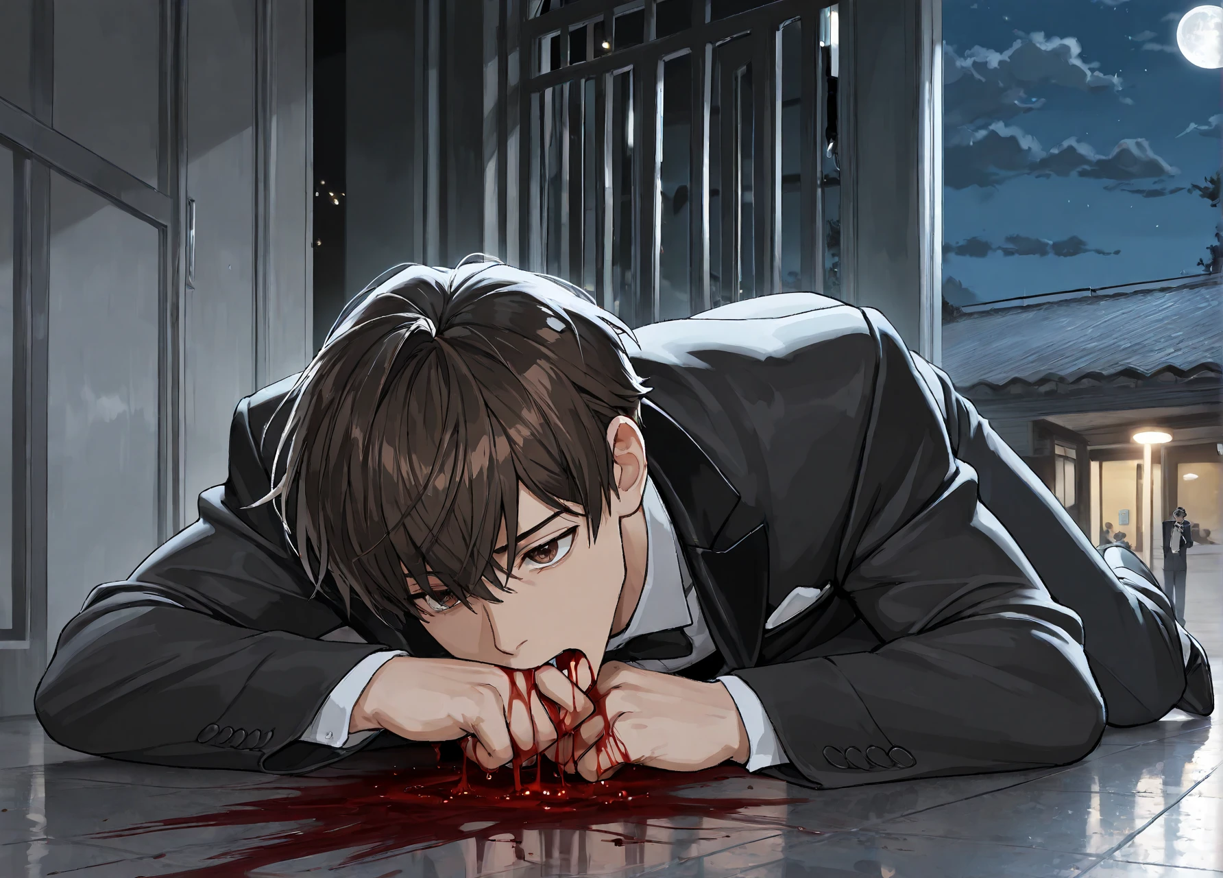 1 boy,((alone)),adult ,suit、Vomiting blood、In pain
