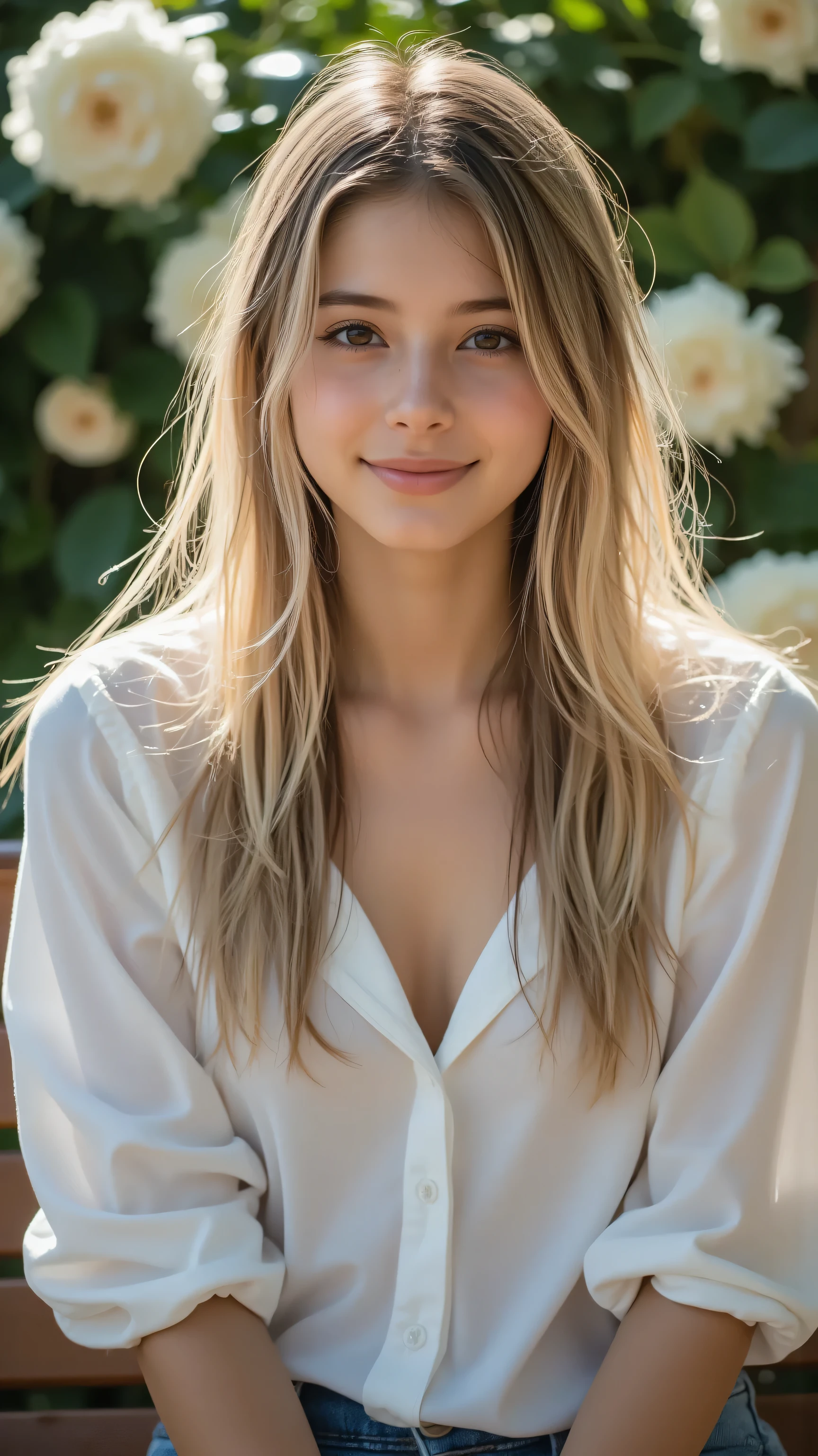 A realistic portrait of a young Swedish model with long blonde hair styled naturally, wearing a casual yet elegant white blouse. She is sitting on a wooden bench in an outdoor park setting, with soft sunlight filtering through the trees. Her expression is warm and inviting as she looks directly at the viewer, and the background features a blurred mix of greenery and flowers, creating a serene atmosphere.