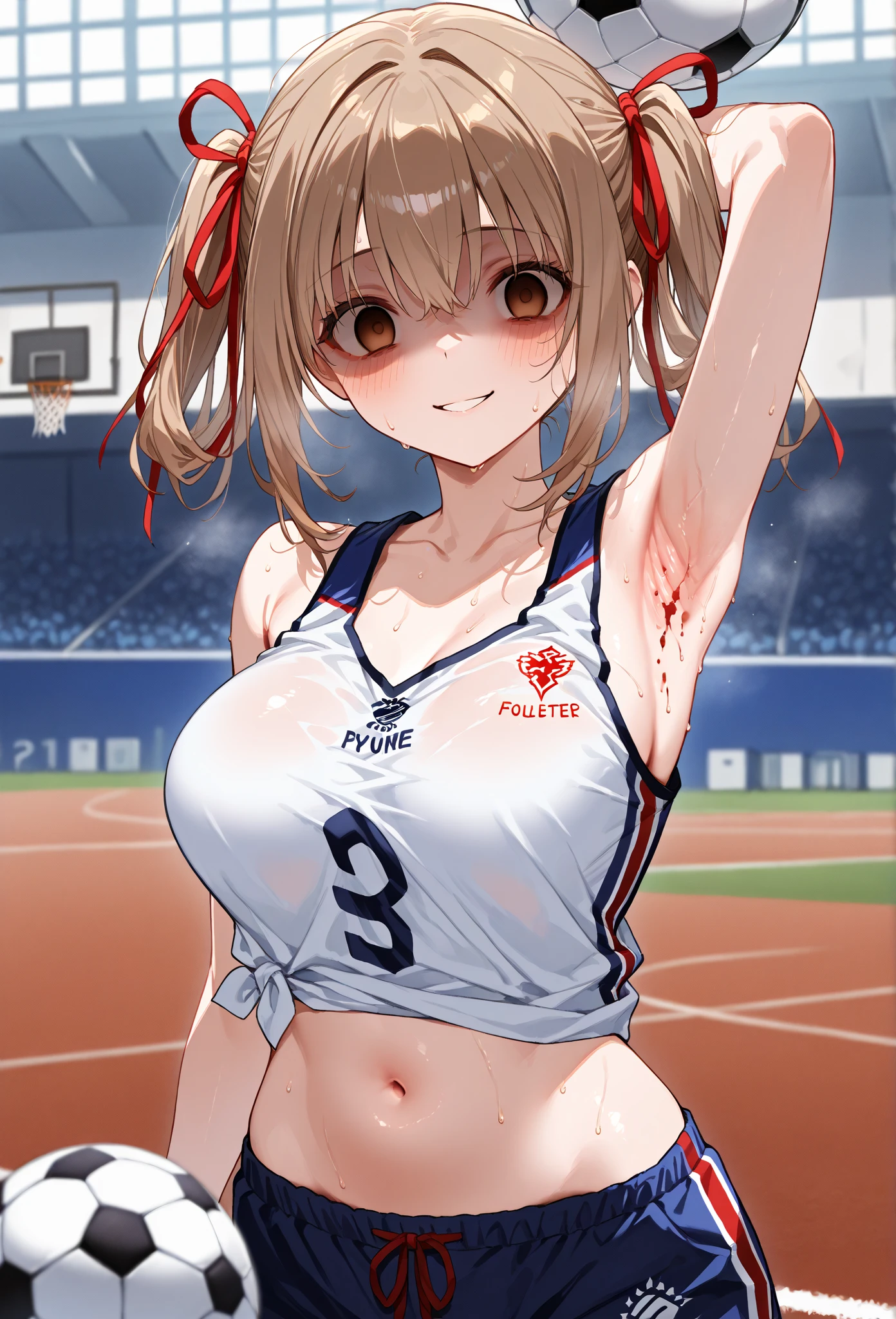 mastute piece,Best Quality,insanely detailed,8k cg,nsfw,
(shoot upper body:1.3),
(1girls:1.3),standing,looking at viewr,body in front,both arms behind back,(basketball uniform:1.3),(bare breasts:1.1),(bare nipples:1.1),
break,
blush,shy,(ecstasy face),(trembling:1.2),break,(light gray hair:1.2),
break,
perfect breasts,perfect teats,(open mouth:0.9),(large breasts:1.2),
(basketball court)、