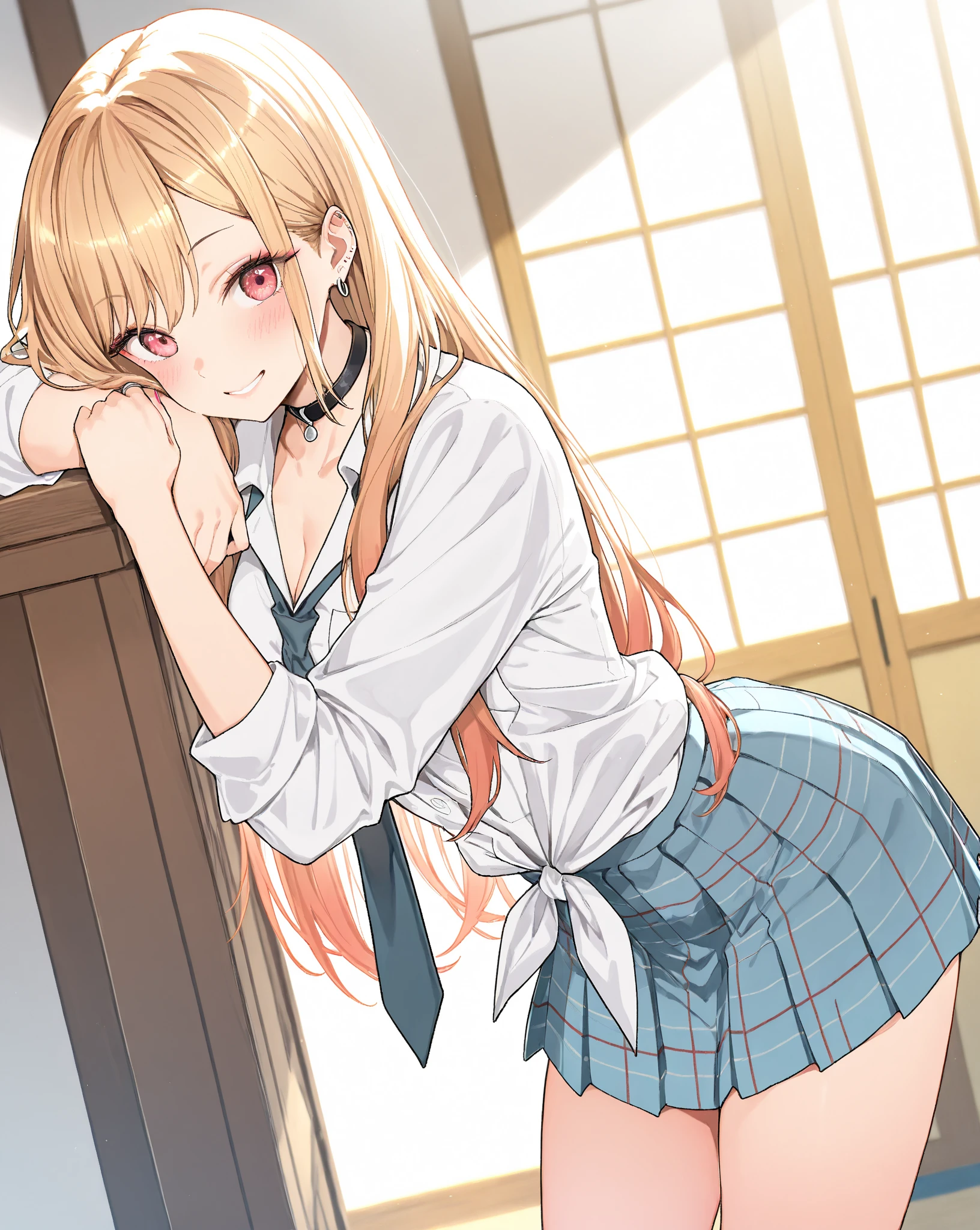 (Tabletop), highest quality, High resolution, 4K, One Girl, alone, Nice hands, 1 in, Side Ponytail, Long Hair, Ahoge, White shirt, , Blue Skirt, Long sleeve, Red Bow, White socks, Skirt lifted、Panty shot、Cute white panties