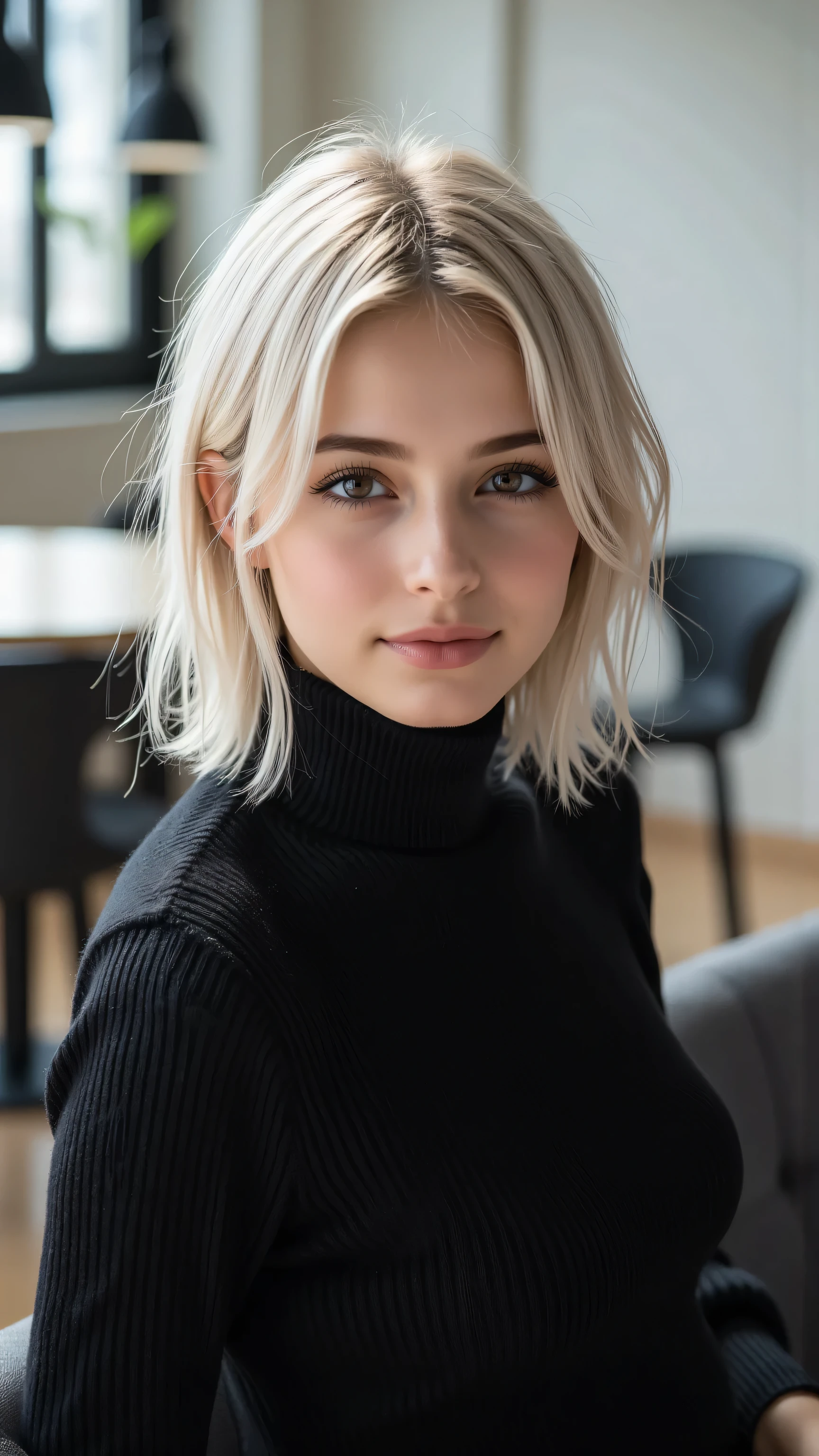 An upper-body image of a Swedish model with short platinum blonde hair, dressed in a sleek black turtleneck sweater. She is seated indoors by a large window with natural light streaming in, highlighting her sharp features and calm expression. The background is softly blurred, showing a modern Scandinavian interior with minimalist decor.