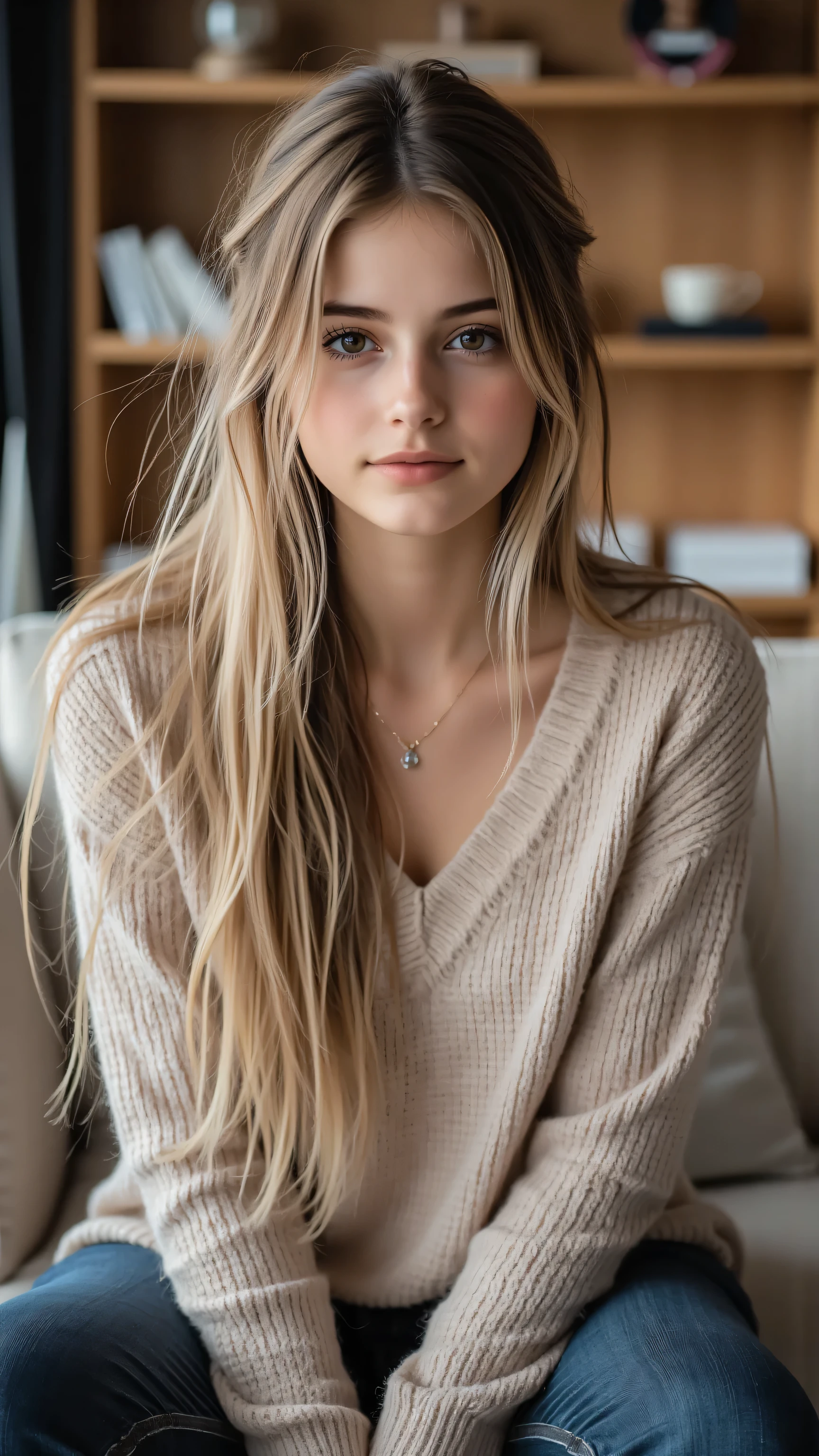 A detailed portrait of a Swedish model with long golden blonde hair tied back in a loose ponytail. She is dressed in an oversized beige sweater paired with dark jeans, sitting comfortably on a couch in a cozy indoor setting. The background is softly lit, featuring blurred bookshelves and warm-toned decor for an inviting atmosphere.