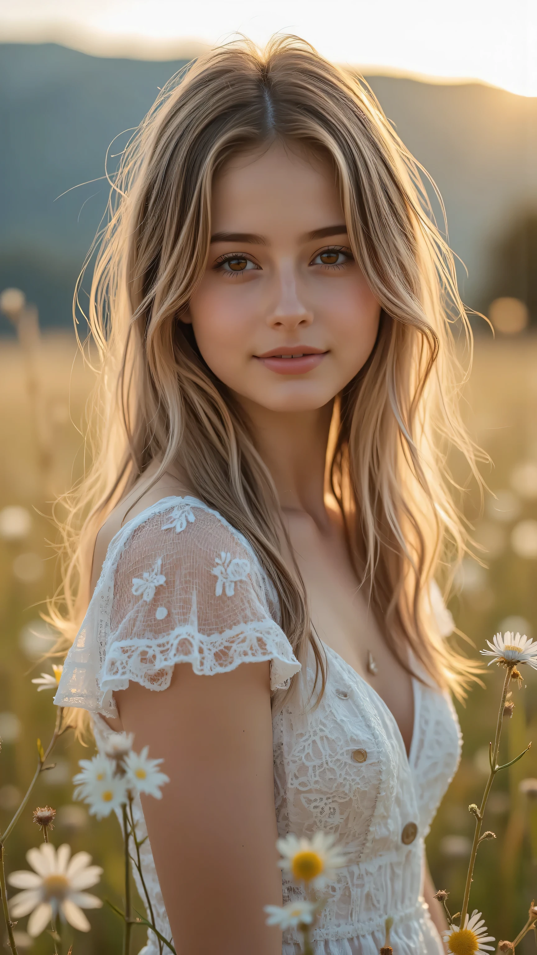 An artistic portrayal of a young Swedish woman with shoulder-length ash blonde hair styled in soft waves. She wears a flowing white dress with lace details and stands in a field of wildflowers under golden hour lighting. Her expression is gentle as she looks at the viewer, while the background showcases blurred flowers and distant hills bathed in warm sunlight.