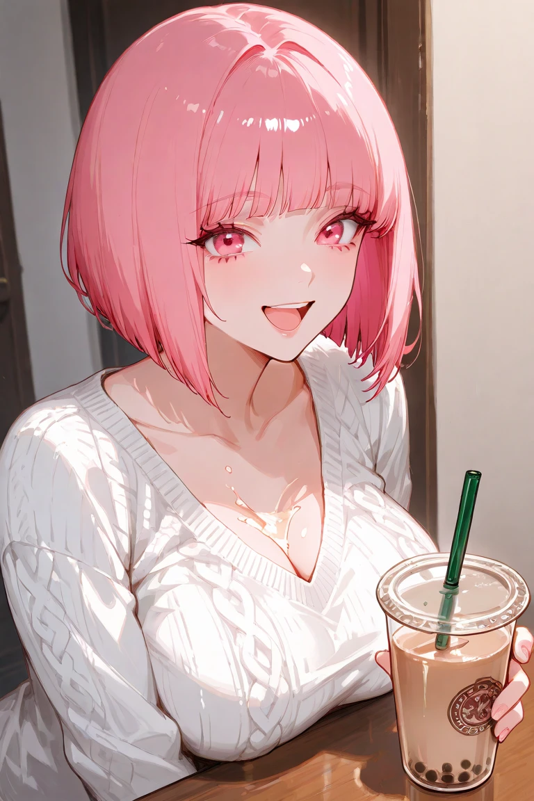 1girl, solo, nakano nino, pink hair, butterfly hair ornament, (naked:1.3), (white apron), large breasts, cleavage, thighs, cafe background, (blushing:1.3)