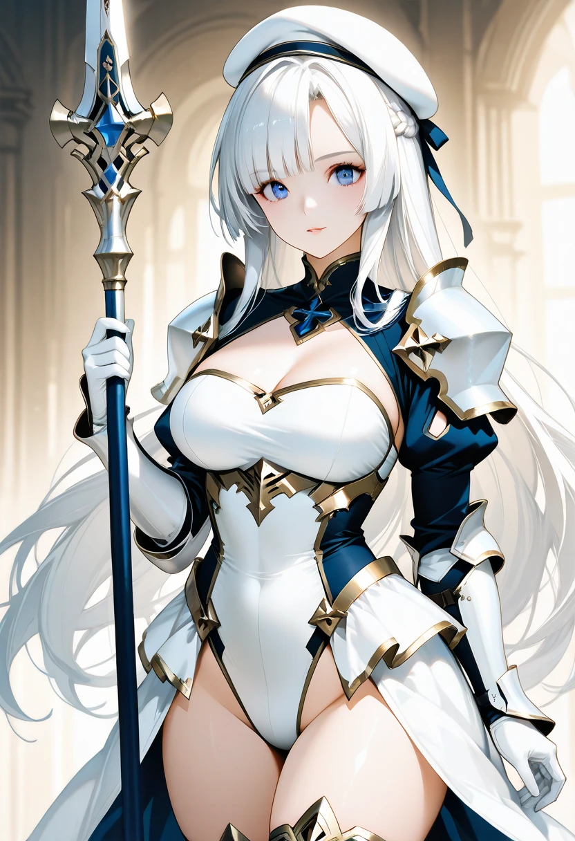 ((UHD)),((masterpiece)),((8k)),((solo)),1girl,Azur Lane,Fantasy art, ((Valkyrie)), ((white paladin armor:1.2)),((high leg dress:1.3)),(Armored Dress:1.3),(armored leotard),(Skin-tight Investigator Bodystocking), ((has a sword in hand)), ((gothic princess dress)), platinum blonde long hair,barrette,hair ribbon,large breasts,cleavage,Perfect and beautiful blue eyes,curvy,Thigh-high sock,perfect face,accurate,high quality,extremely detailed,cowboy shot,anatomically correct,