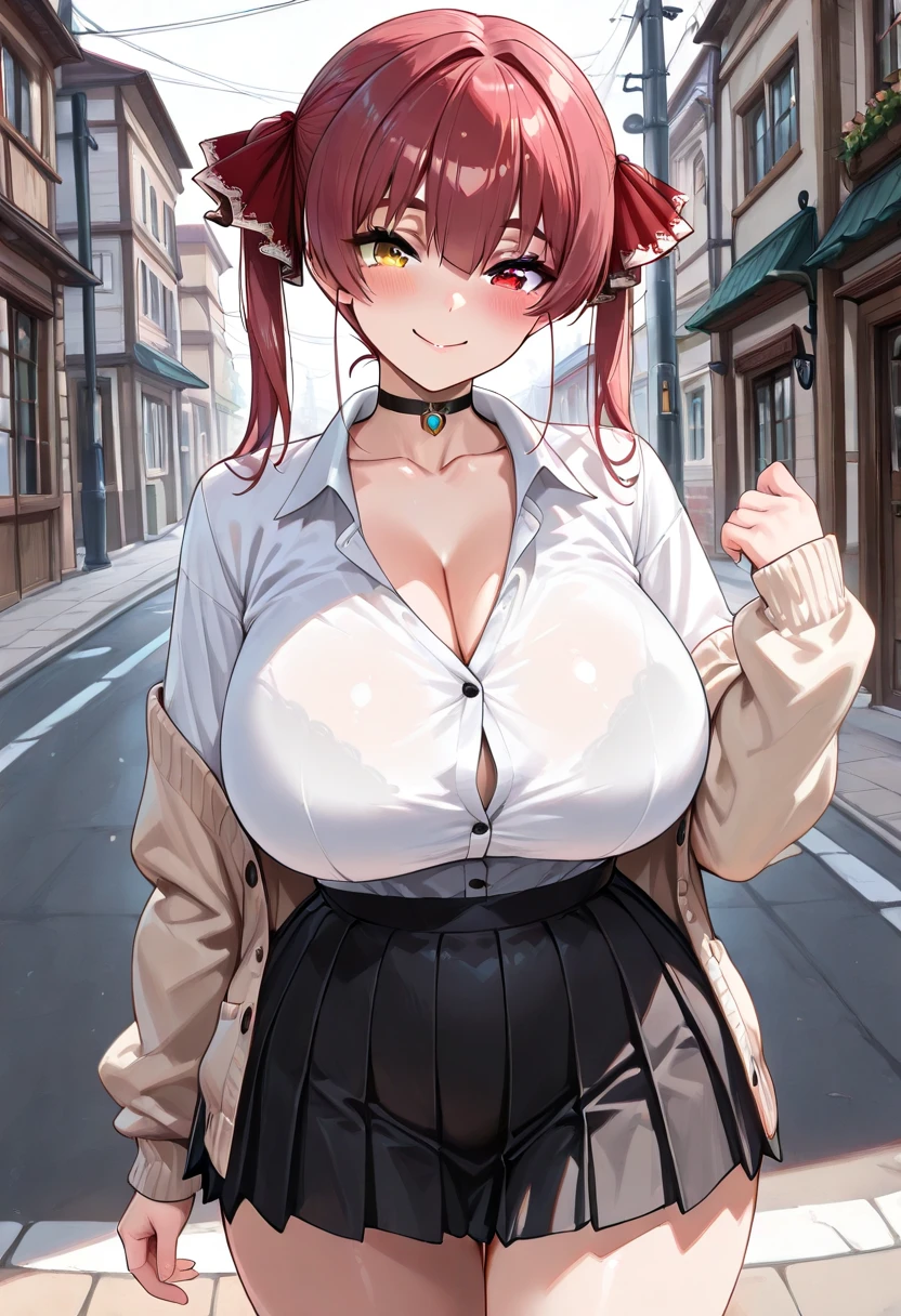 masterpiece, best quality, highres, aamika, ponytail, hair bow,,grin,evil smile, ,,standing,outdoor,((nsfw))