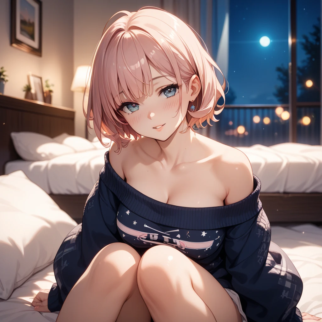 a 19 year old girl in bed with pink sleeping clocthes with cute short brown hair there a window are the back and there a city and its night