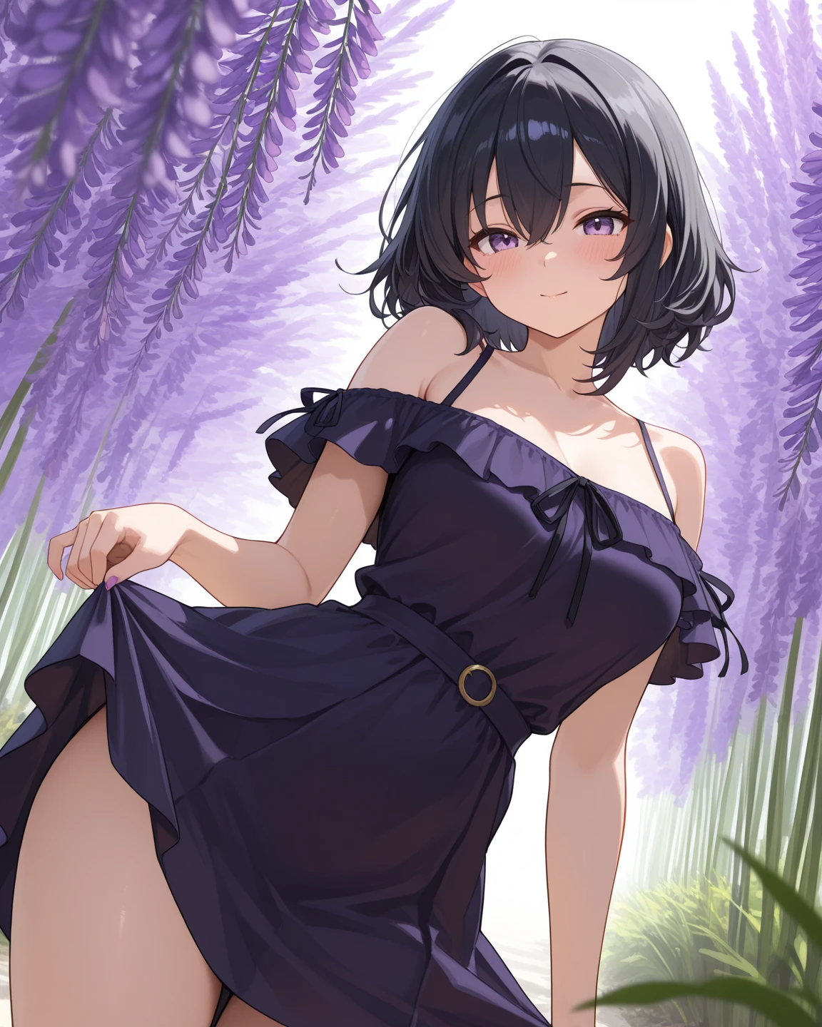 Uma mulher em um vestido roxo e meias pretas posando, Nico Robin, menina anime sedutora, Iouri Misaki, Oppai, Maya Fey de Ace Advogada, oppai cyberpunk, anya of the Spy X family, Retrato de Tifa Lockhart, Succubus em um vestido bodycon curto, Misato Katsuragi, Retrato sedutor de Tifa Lockhart, mulher bonita sedutora do anime ,em um banheiro, visible breasts, mama grande, Pose sedutora