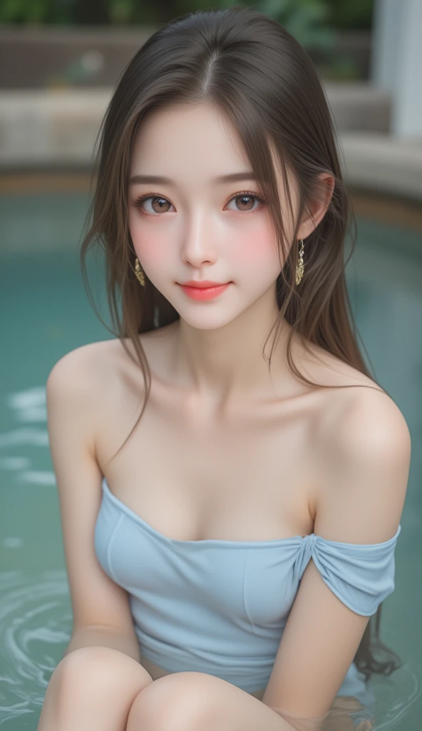 (masterpiece, Highest quality),Kiddy,  Small breasts, Cleavage, Frilled swimsuit, Gray Hair,,Scrunchie,  , (Suggestive:1.2), (smile:0.7), Upper Body