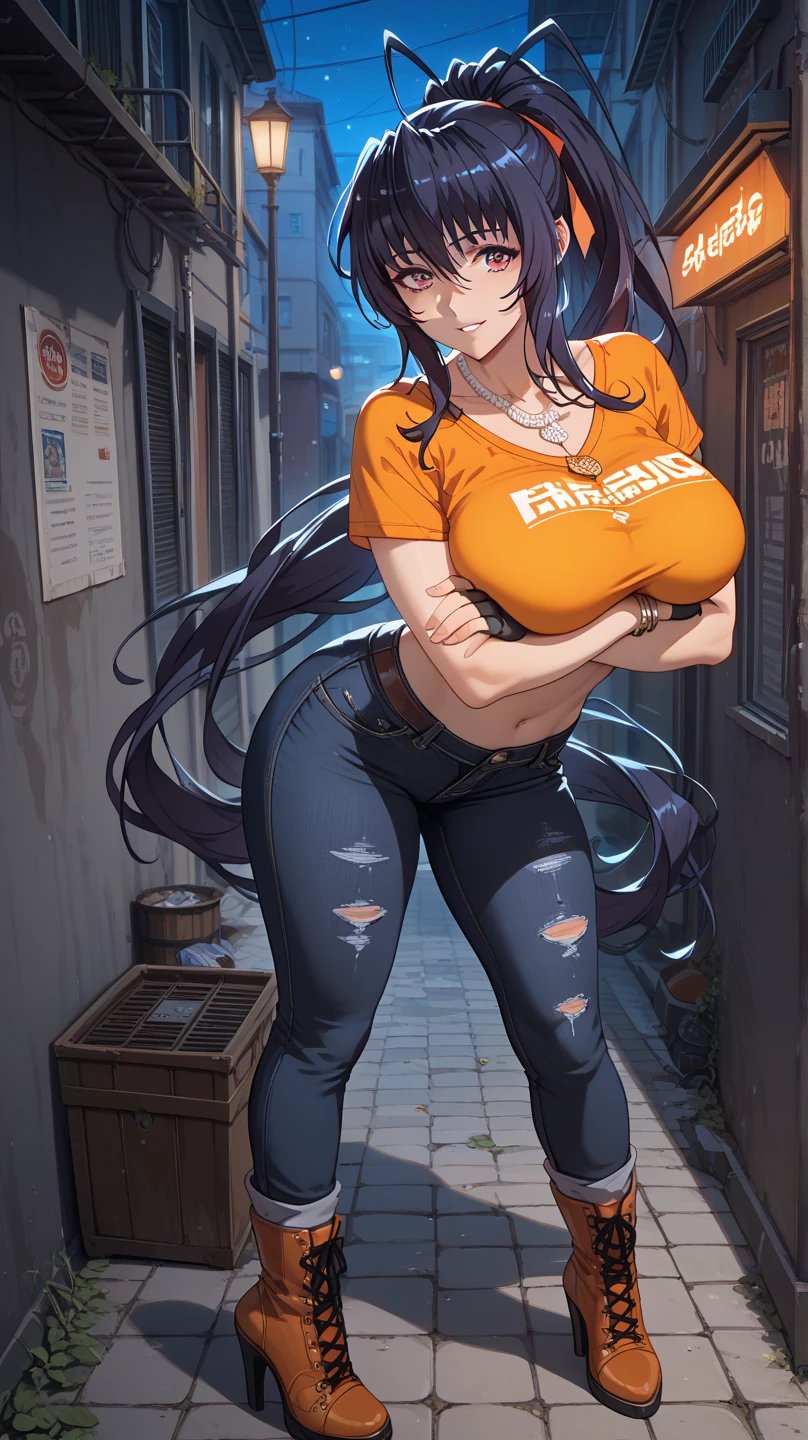 By bebebebebe, by lostgoose, by goonie-san, female, ((reptile snout, hair covering eyes, straight hair, long hair, flat hair, thin snout)), snake anthro, huge breasts, tall, muscular, abs,black micro bikini, blackjacket, ragged jeans, exposed chest, smiling, menacing smile,fangs,back alley, dim ligth, scars on abs,Orange scales, nigth, close to viewer, chain necklace