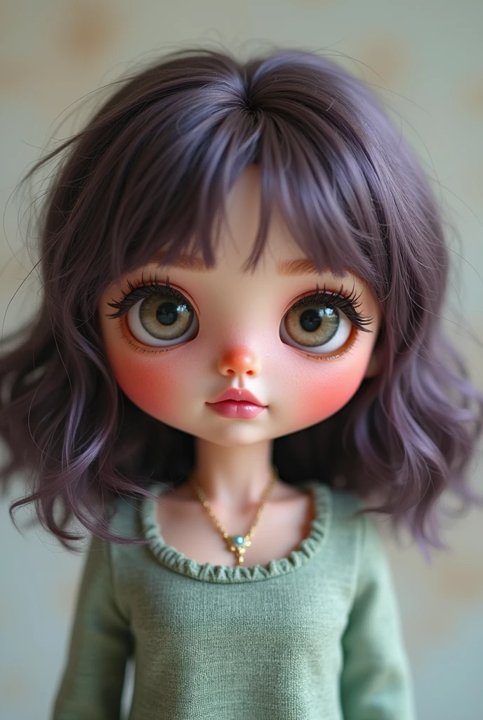 I want you to create me a Blythe doll that has short purple hair with an eyebrow piercing that has black eyes and white skin