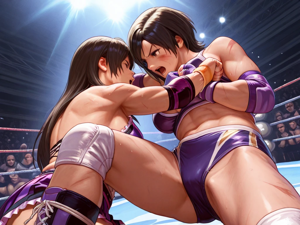 A fierce battle between two beautiful high school girls mixed martial artists。Breast squeezing。Exchanging punches inside the Octagon。Rivals。black hair。desperate look。sweaty。Full of scars。Shortness of breath with open mouth。physical beauty。???????。????? nipples。open finger gloves。High leg bikini shorts。small breast。