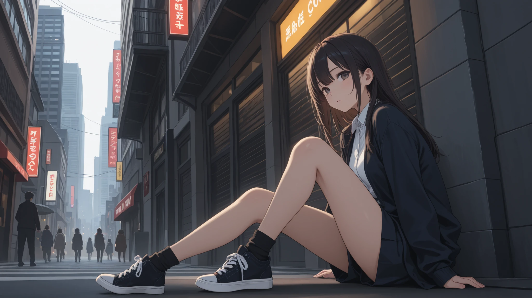 The girl is sitting in the city