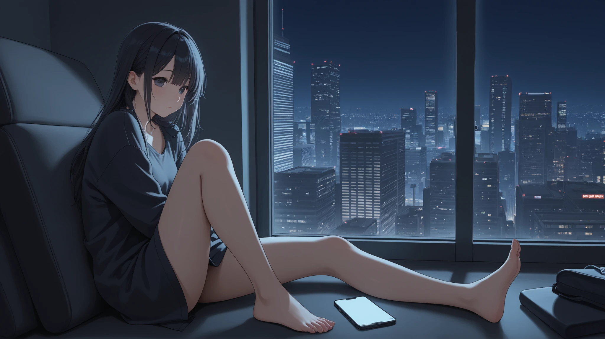 The girl is sitting in the city