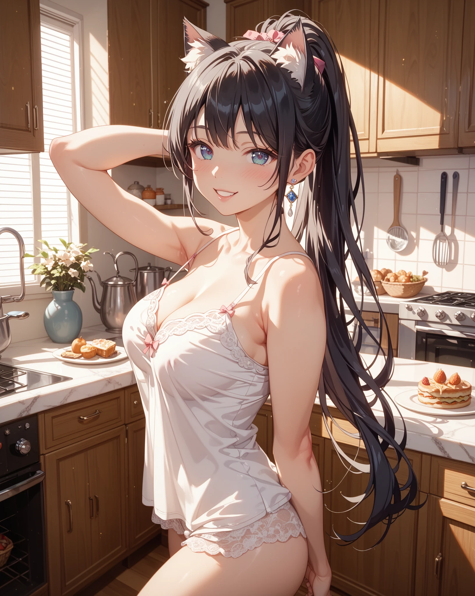 (dynamic angle:1.3, front view:1.1, breast focus:1.3, from below:1.1), (dynamic posing:1.2, sexy posing:1.2), (seductive smiling:1.3), ((holding Pasta on a plate,Taking the pasta out of the pan, worried about the outcome:1.2)),highest quality、(real、photorealistic:1.4),(ultra high resolution, 8K RAW photo, clear focus), best qualtiy, natural lighting, field depth, (Bright pupils, detailed beautiful eyes, high detailed face), Red lip, (tight focus:1.2), a girl 22yo old, Wearing a pastry chef uniform:1.3 , Thicc, thin breast, long hair, blue eyes,garter stocking, cleavage:1.2, midriff, black shorts, black thighhighs, thigh strap, pretty girl, (highly detailed beautiful face and eyes,firm breasts),real skin,((black,hair,long pony tail hair)),thin pubic hair,cute,lovely, detailed eyes,(double breasted:1.0,under bust:1.0),(with sparkling eyes and a contagious smile),open mouth, Looking at Viewer,A scene of make a cooking Pasta in the kitchen