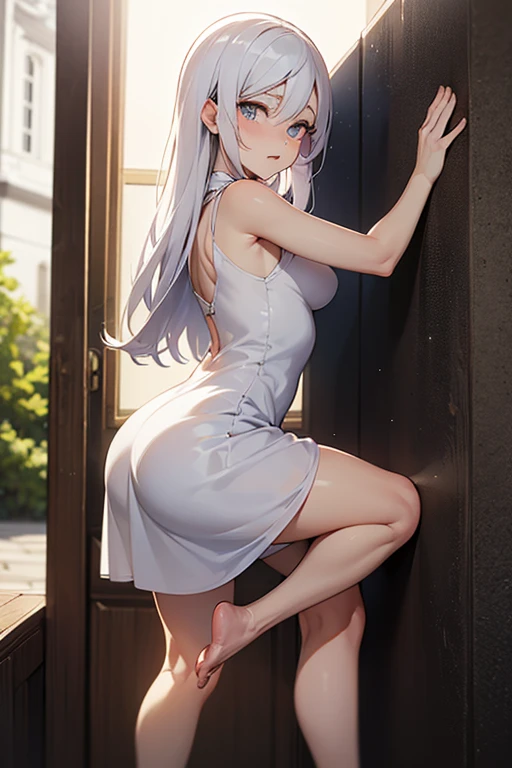 (8K, masterpiece, Best Quality, ultra-detailliert, Professional Lighting, Perfect Anatomy), Dynamic Angle, from side, from behind, break; 28 years old beautiful 1 female, Japanese, Large breasts, (completely nude:1.2), (floral print naked apron:1.5), bare head, Bare arms, Bare legs, Curve, pale skin, gleaming skin, light blond hair, Long hair, ponytail, (embarrassed:1.2), Blue eyes, (upward-eyed), break; (wash laundry by hand:1.2), to stand, Looking to the side, break; (Hang the laundry out to dry:1.4), (hanger:1.5), (on balcony:1.2), Sunlight, Blue sky, (fence, 2nd floor), Home background, (Hanging laundry:1.5), (no washing machine),