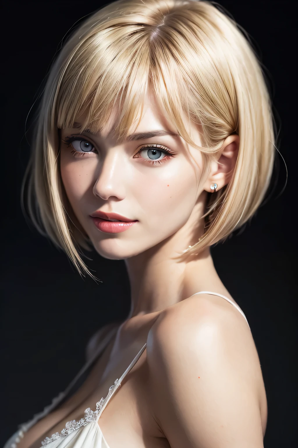 1girl, corpo_inteiro, (obra-prima, best quality:1.4), clare, gray eyes, blonde bob haircut , blonde bangs, perfect Nordic female face, beautiful silver eyes, sexy smile, rosto lindo, (highly detailed face), highly detailed eyes, highly detailed skin, skin pores , subsurface dispersion, realistic pupils, medium breasts, full face blush, full lips, nudez, Full body porn