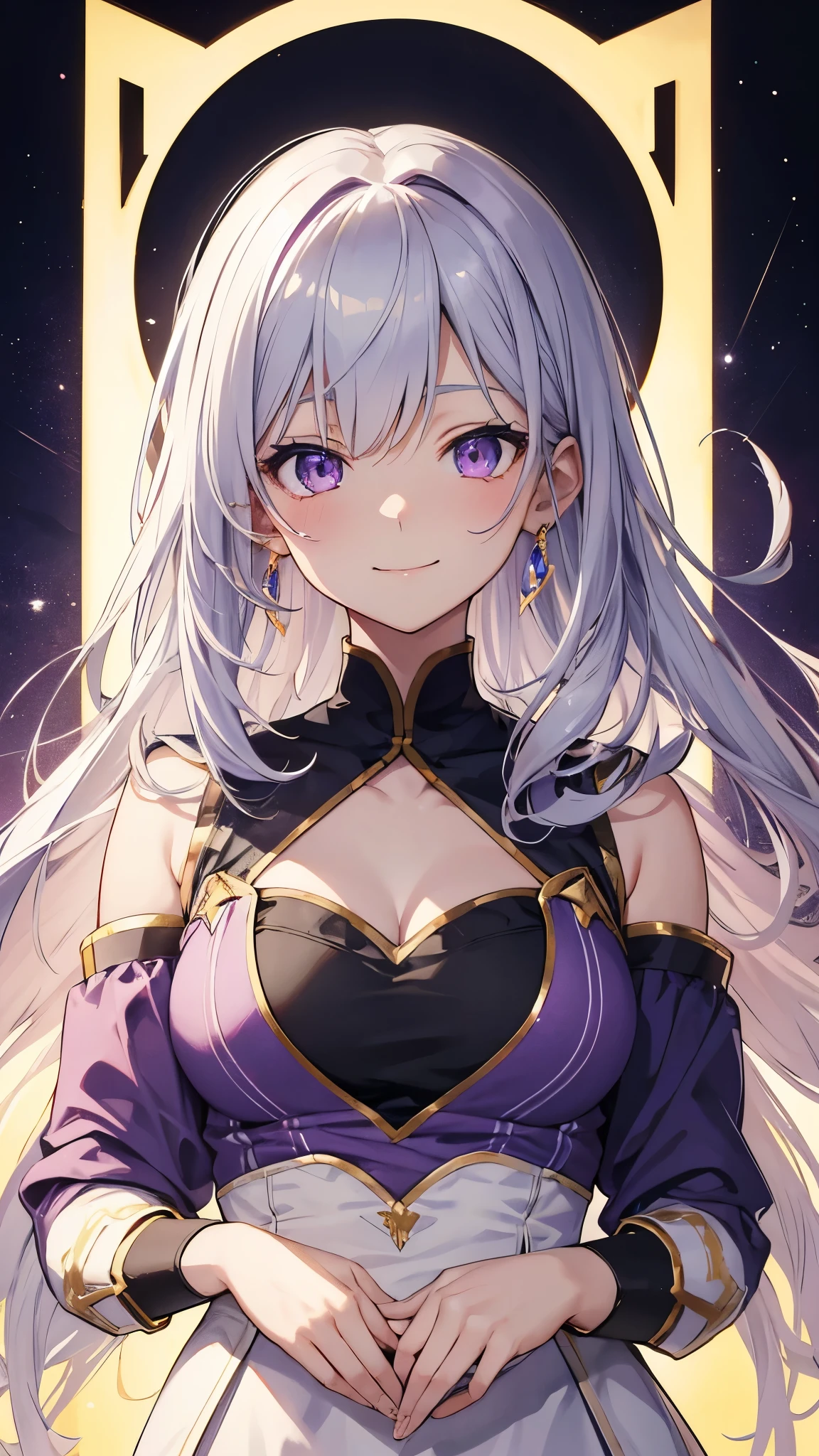 best quality, super fine, 16k, incredibly absurdres, extremely detailed, bust-up portrait of a cute woman looking at you and smiling shyly, happy, white glossy messy wavy hair, crescent-moon-shaped purple eyes, beautiful iridescent pastel and vivid colors background