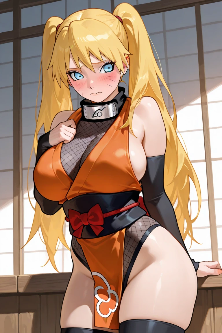naruto uzumaki, E cup size Breast, garter belt, female ninja outfit, showing of panty under skirt, blush, blank white background