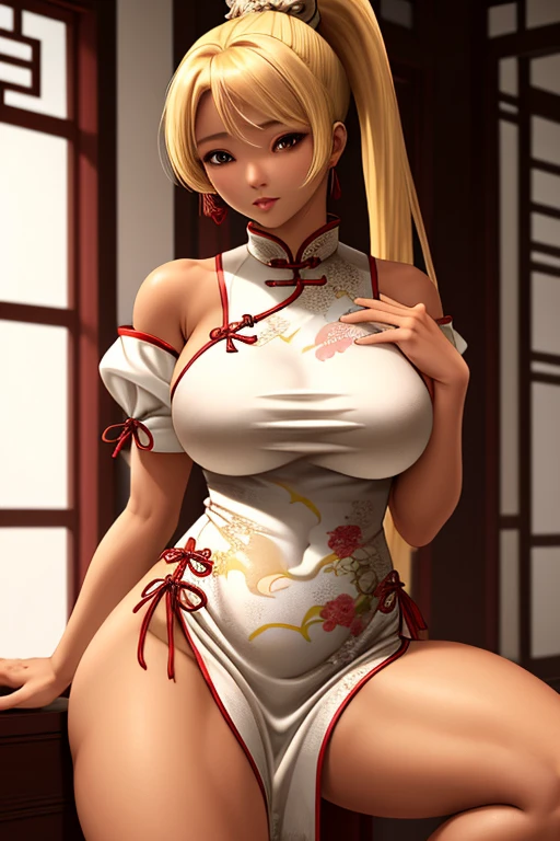 Female gyaru, twintails Blonde hair, Blue eyes, dark brown skin, large breasts, thick hips, wearing a pink qi pao, a temple in the background