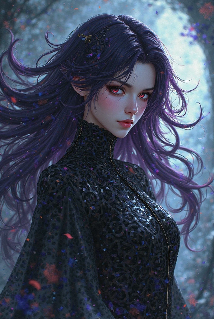 Woman walking head-on down a road at night, with fog and shadows, wavy and long black hair, detailed hand and fingers, high quality, ultra-detailed, 8k, masterpiece, (volumetric lighting), black magic, fanciful, lilac colors, purple, black and vivid shadows on the woman's return. --auto --s2
