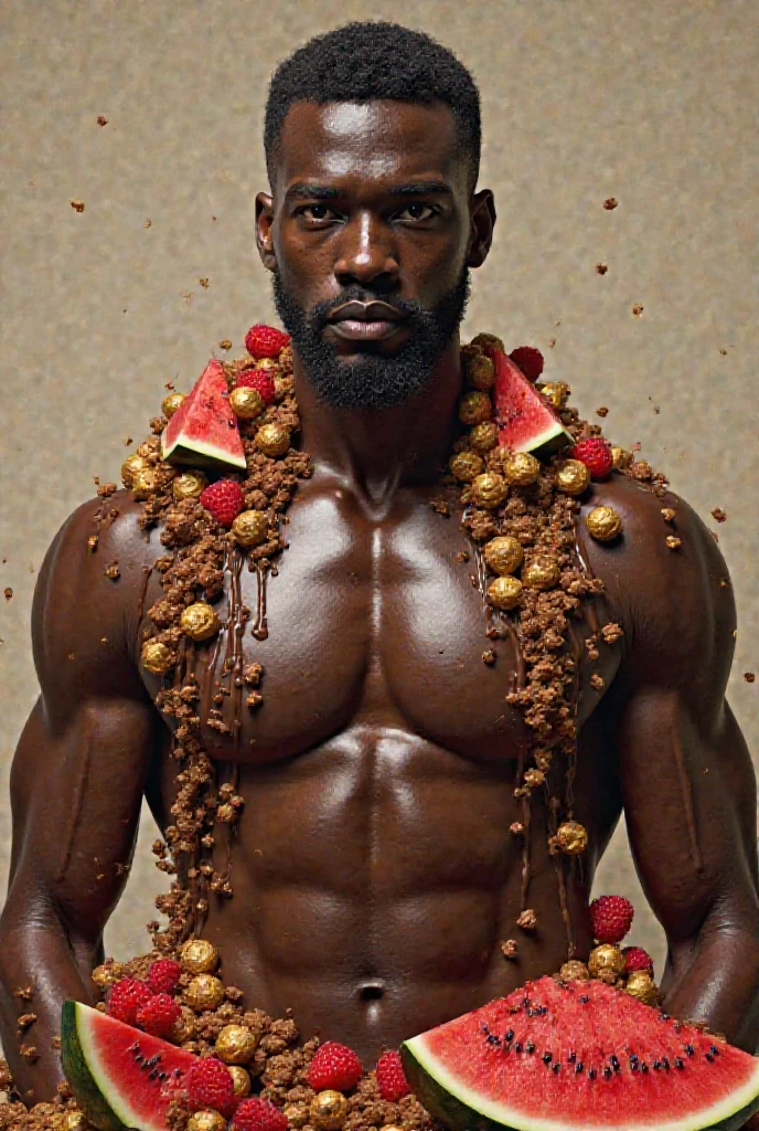 A muscular black man is holding a garland.