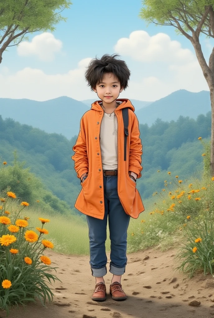 A super cute little boy（About seven years old），Hairstyle mid-scored，二重まぶた，Cherry mouth，A red coat，Standing on the Grassland，Simple cute eyes looking at the sunset in the distance，Manhwa Style