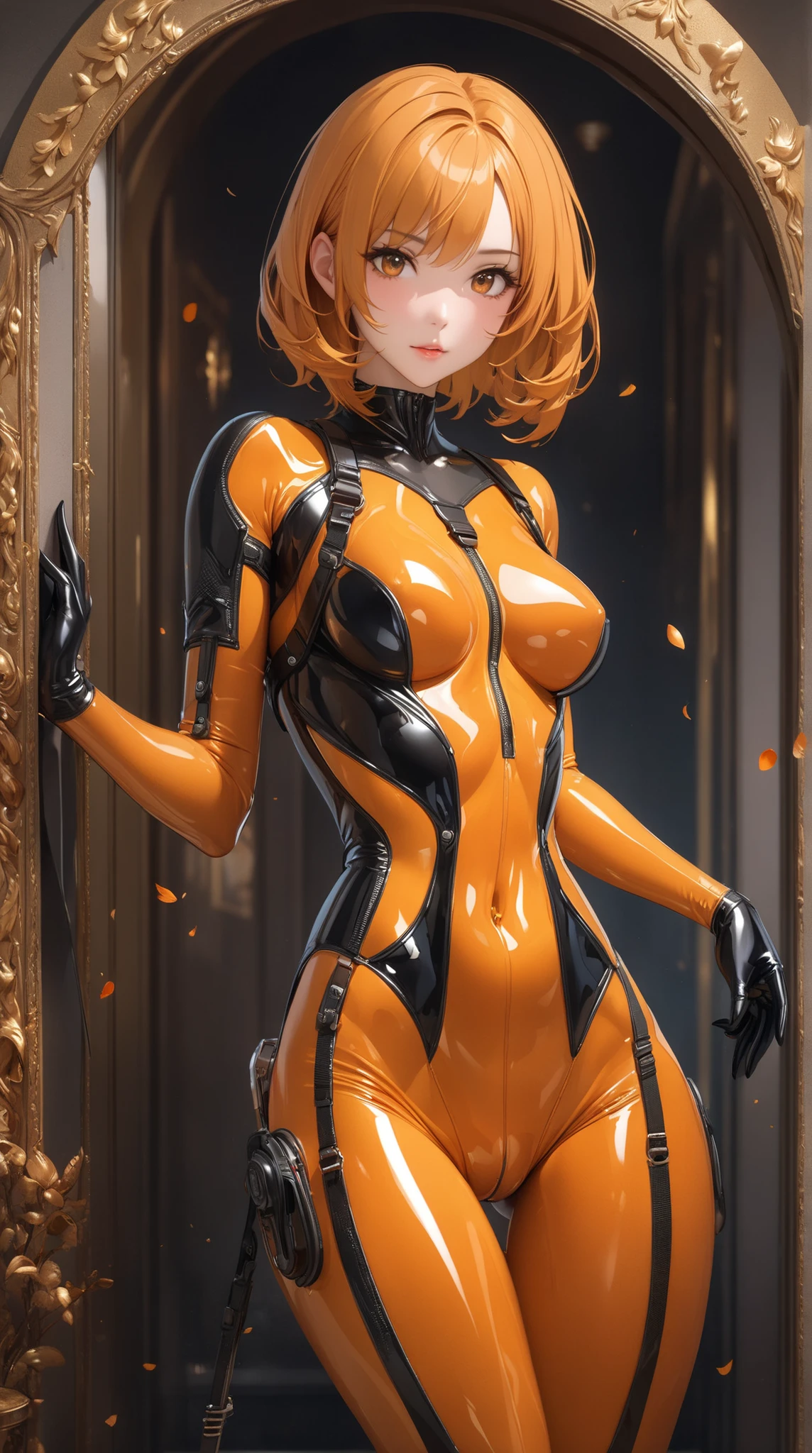 absurdres, uhd, (((best Quality))), ((ultra detailed)), full resolution, hdr, 8k, ((full body)), (Masterpiece, Best quality:1.4), (Beautiful, Aesthetic, Perfect, Delicate, Intricate:1.2), (ultra resolution:1.2), (ultra detailed), 1girl, (((brown eyes, orange hair))), ((aaritsuka, medium hair, ahoge, yellow scrunchie, small breasts)), a cool and thin adult woman, wide hips, ((chubby thighs)), ((Hair gradient)), detailed eyes, glass eyes, ((long eyelashes)), side glance, (((orange bodysuit:1.2))), (((cleavage_cutout))), black gloves, shiny, reflective, twisting hips, ((thigh gap)), ((cool expression)), ((smiling)), Additional lighting, sunlight, daytime, ((city)), buildings, majestic view, full body, doll, bjd,