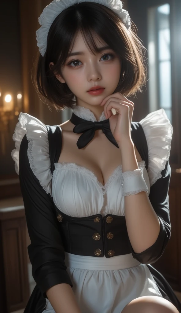Beautiful white and shining skin、Chestnut hair that changes depending on the light、Long bangs between the eyes that obstruct the view、Cheek gloss highlights、Sexy and very beautiful nice gorgeous face、the most beautiful face in the world、short bob、Smooth straight hair、medium breasts、beautiful breasts、cleavage、Big and bright eyes、beautiful bangs、Beautiful and beautiful woman、small face beauty、natural smile、high heels、rabbit ears hair accessories、white choker and black bow tie、White cuffs、