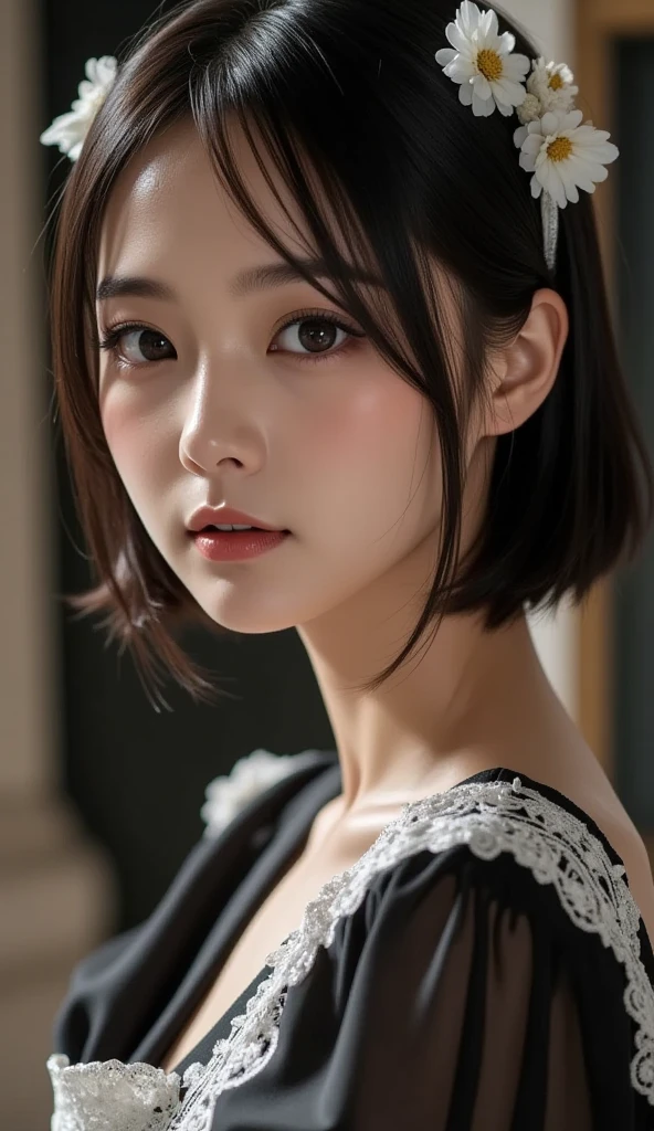 Slender Asian girl, kpop idol, ((maid uniform)), ((top quality, 8k, masterpiece: 1.3)), crisp focus: 1.2, beautiful woman with perfect figure: 1.4, highly detailed face and skin texture, detailed eyes, ((skinny)), beautiful face, symmetrical face, full-length, sexy, naked