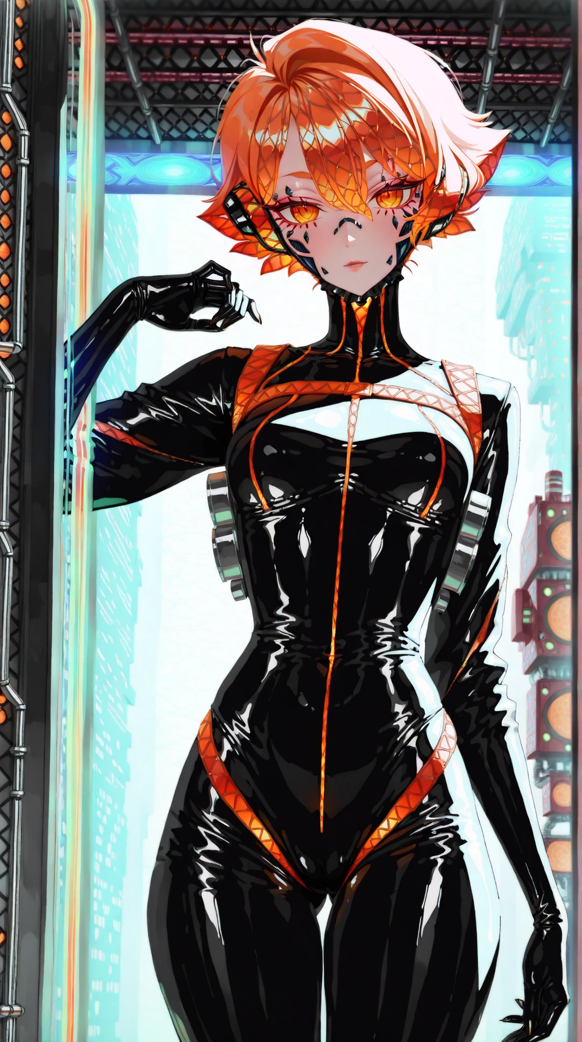 ((Best Quality)),( in the bathroom),( very well detailed),( detailed description ),(( best CG )),( best artwork ), Ultra Precise Art , Amazing Painting Art,( exquisite sci-fi art:1.5), female, latex bodysuit, beautifully manicured, loose shorthair, full harness, clear orange scope,