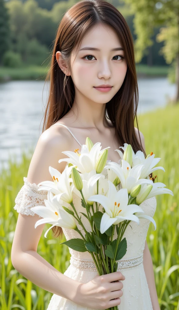 sexy large breasts, flowers (realistic photo: 1.4), (hyper realistic: 1.4), (realistic: 1.3), (softer lighting: 1.05), (increase the quality of cinematic lighting: 0.9), 32K, 1 girl, 20 year old girl, realistic lighting, backlight, light on face, ray trace, (bright light: 1.2), (increase quality: 1.4), (skin with real texture of better quality: 1.4), dog in the arms,  smiling, happy, finely detailed eyes, finely detailed face, black hair, finely quality eyes, (joy, flush, smile, happiness), close-up of the smile face, (Increase body line mood: 1.1), (Increase skin texture beauty: 1.1) (short white lace dress), (cool colors), damp, damp, reflections, grass background with flowers (masterpiece) (perfect proportion)(realistic photo)(best quality) (detailed) photographed on a Canon EOS R5,  50mm lens, F/2.8, HDR, (8k) (wallpaper) (cinematic lighting) (dramatic lighting) (sharp focus) (intricate)