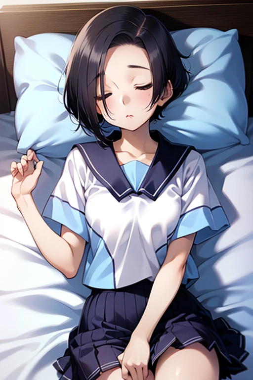 (32K:1.9, Realistic:1.9, Highest quality, masterpiece, Ultra-high resolution), Perfect dynamic composition:1.3, Highly detailed skin and facial textures:1.3, (Cute sexy slim Japanese schoolgirl, height: 155cm), ((Lying in bed:1.3, Kiss you:1.4)), Fair skin, ((Clarity:1.1)), (The woman is wearing a uniform with a light blue bow tie., Ponytailed black hair:1.3, smile:0.9, A man completely charms a woman:0.9, beautiful Blue Eyes, beautiful, Clear Eyes:0.8), Sexy Face:0.4, blush:1.1, ((beautifulエロティシズムを醸し出す雰囲気:1.0, Professional random camera work:1.0, Cinematic Lighting Effects:1.0, romantic:1.0, artistic:1.0, mysterious:1.0)), Too erotic, Object of admiration, original, dramatic, Innovative, charm, Heartful, Fancy, Tilt, sense of loss, special, exciting, Extreme, sense of openness, joy, joyの表現, ((若さのcharm, 女性的なcharm))
