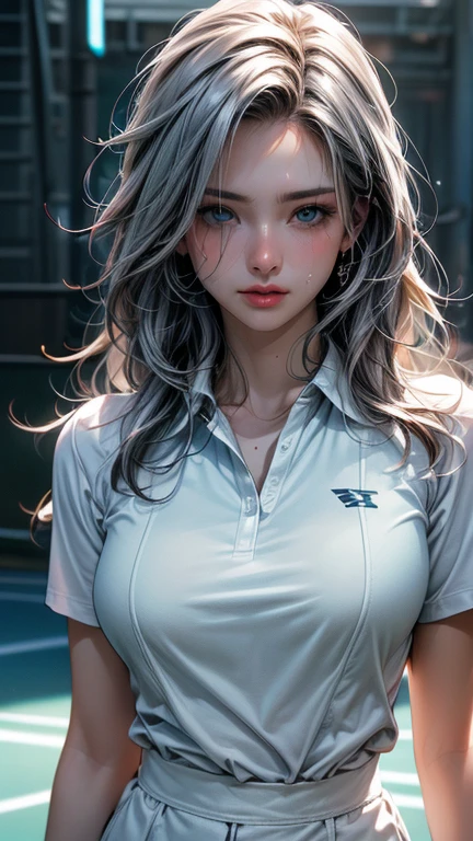 Beautiful girl, hot girl, detailed face, detailed eyes, detailed hair, detailed body, hanging boobs, change background, 8k, realistic, ultra realistic, visible panties, visible swimsuit, ((she is sweating)).