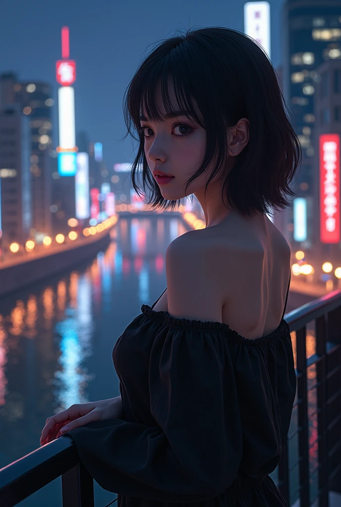 masterpiece, best quality,1girl, bare shoulder, looking at viewer, backlighting, city, water, reflection, short hair,  <lora:br_max-000014:0.7>