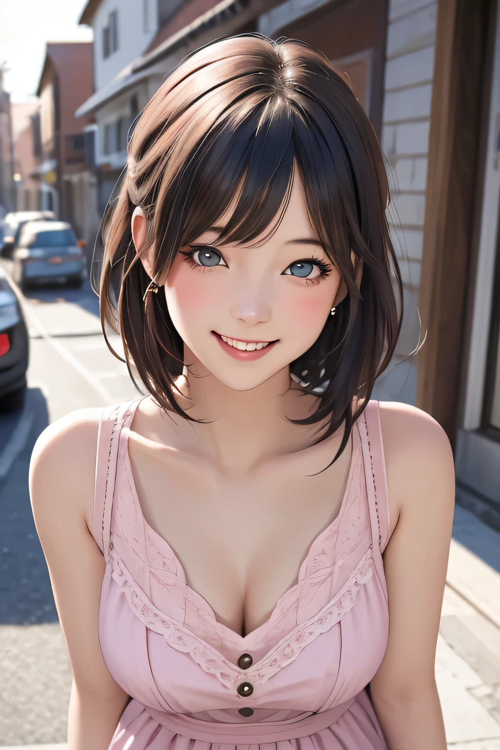 pov, from front, semirealistic, 1girl, cute, smile, pink dress, (absurdres, masterpiece, 8K)