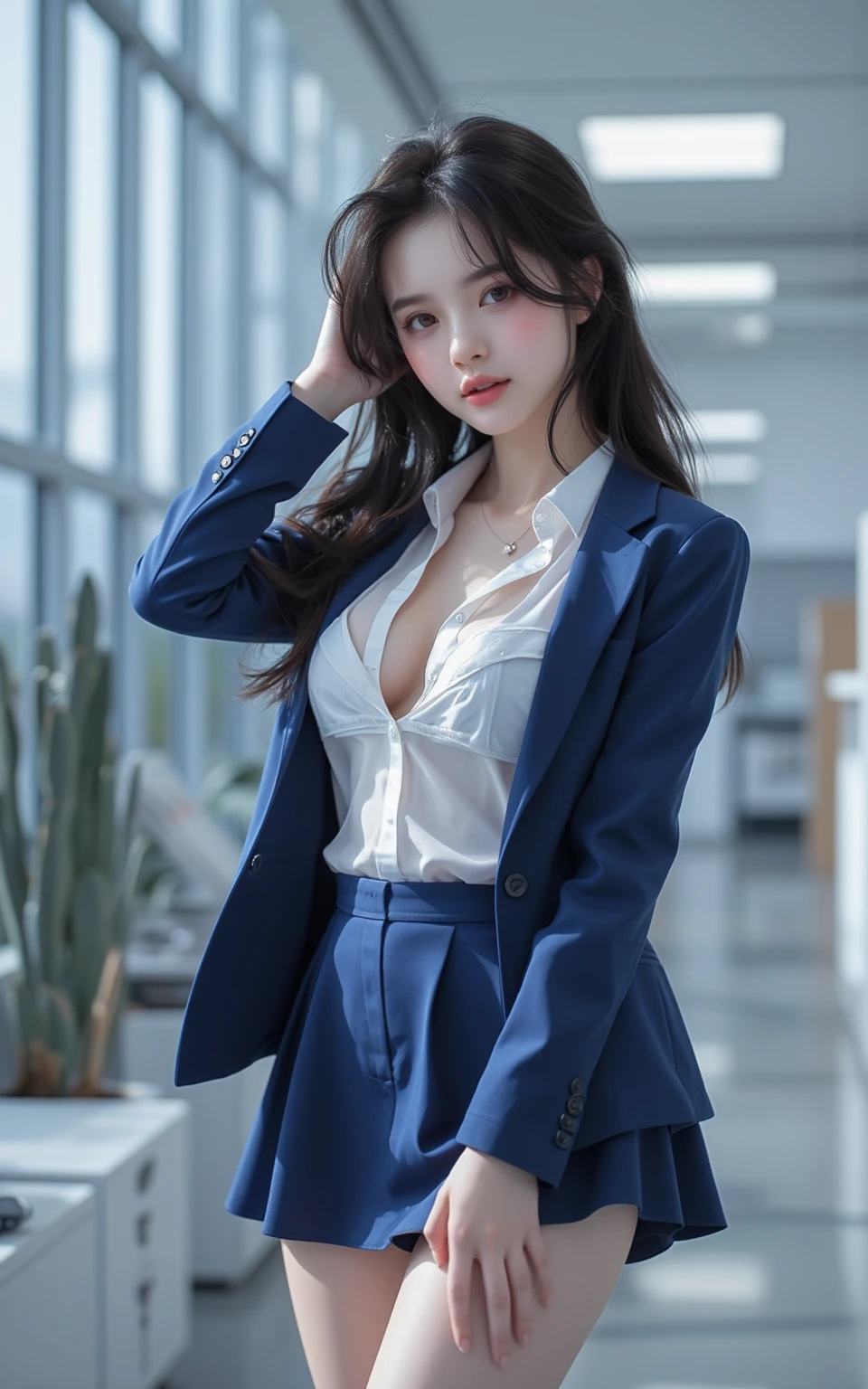 (smile)、I can see your pussy、(nipple見え)、(transparent shirt:1.3)、(In 8K、highest quality、masterpiece:1.2)、(genuine、photorialistic:1.37)、Super detailed、1 girl、cute、beautiful eyes、office、、(nippleが見えてる:1.2)、 (perfect beautiful beautiful face:1.15)、(closed mouth)、細やかなbeautiful eyes、(No underwear:1.1)、、short cut hair、(sheer shirt:1.2)、、(short hair:1.5)、Floating hair NovaFrogStyle、thinボディ、20 year old woman、brown hair、、brown eyes、small head、((G cup))、fashionable girl、beautiful eyes、genuineフェイス、genuineな肌、fine eyes、、(sheer shirt:1.2), dynamic pose、viewer、Beautiful face and breasts, the tip of the chest sticks out。Areola is protruding。The shape of the genitals is clearly visible。lots of eyelashes。black eyeshadow。bright red lips。black sexy high heels。pubic hair。The lower abdomen is bristly。thin。thighs are open。pubic hairたくさん、pubic hairがはみ出てる、 and delicate figure、(At the office)、camel toe、protruding pussy_nipple