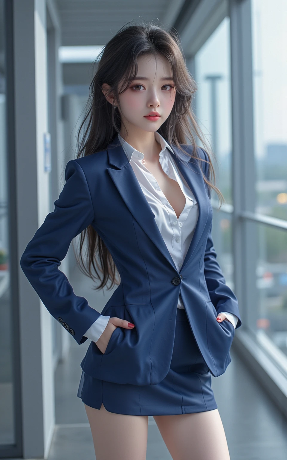 absurdres, RAW photo, extremely delicate and beautiful, masterpiece, Best Quality, ultra high resolution, 32k, hyper realistic, ultra-detailed, Very detailed CG 8k wallpaper, detailed background, landscape, Beautiful Lighting, Perfect Lightning, Realistic Shadows, perfect anatomy, anatomically correct, ideal ratio body proportions, perfect figure, Perfect Style, Perfect balance, super Detailed skin, in her 10s, very Slim body, narrow waist, very small head, very small face, delicate facial features, handsome detailed woman, very detailed eyes and face, realistic face proportions, Realistic beautiful face, Realistic beautiful eyes, tearful mole, earring, (very huge round tits), medium short hair, asymmetrical hair, wavy hair, clavicle, ((blazer)), ((collared shirt)), dress shirt, button shirt, bare legs, whole legs, office lady suit,