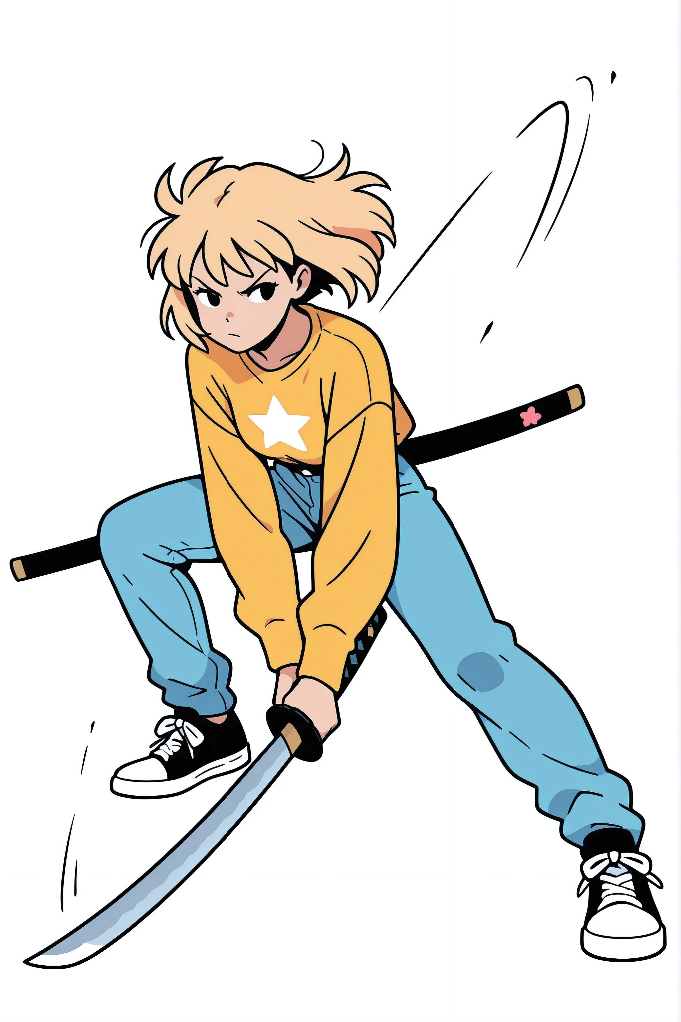cartoon anime style, Girl with a katana, cartoon style,  dynamic position, white background, streetwear, blond hair