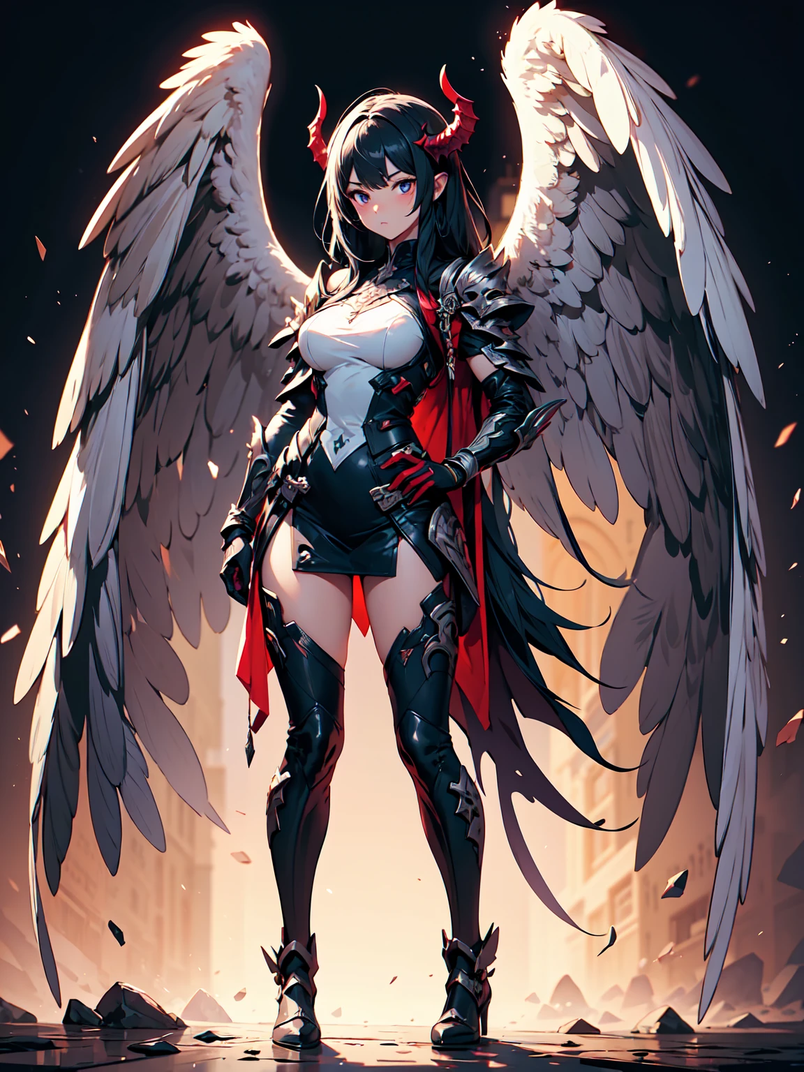 You walk through the streets of an apocalyptic city, everything is on fire and desolation spreads everywhere. Suddenly, you hear a fluttering and turn to see a female evil fallen angel standing in front of you. His demonic wings are huge and beautiful, but they are made of red and black flames that seem to be consuming everything around him. His face, although beautiful, is covered by a dark and menacing shadow. The fallen angel stares at you with his bright red eyes and begins to speak in a deep, sinister voice. He tells you he's willing to do anything to get what he wants, even if it means destroying the entire city. But it also offers you a place by his side, promising you riches and power beyond your wildest dreams. You are frightened, but also attracted by the evil beauty of the fallen angel. However, you know that the city and its inhabitants do not deserve to be destroyed. So you face the fallen angel in an epic battle, fighting against his power and his thirst for revenge. --auto --s2