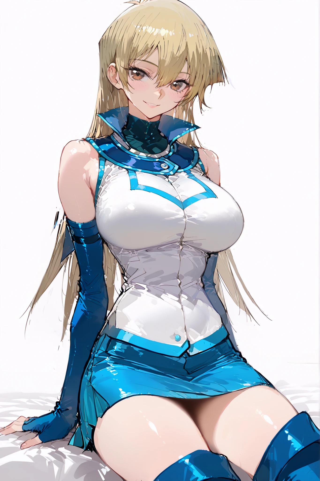 masterpiece, best quality, high quality, detailed, ultra detailed, hyper detailed, insanely detailed, exquisite, beautiful, FHD, Full-HD, 4K, 8K, 16K, highres, absurdres, One Girl ,(((asuka tenjouin))), blonde hair, brown eyes, hair between eyes, long hair, straight hair, huge breasts , blue footwear, blue gloves, blue skirt, blue boots, duel academy uniform (yu-gi-oh! gx), elbow gloves, fingerless gloves, gloves, jacket, miniskirt, skirt, sleeveless, sleeveless jacket, sleeveless shirt, white jacket , (((concept art))) ,(((solo))) , sitting , little smile , cowboy shot , Tempting smile ,