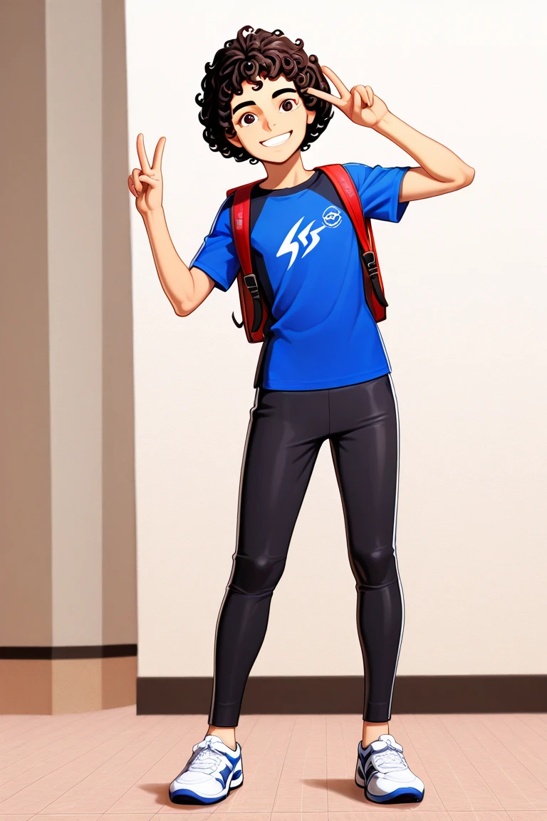 young male, light blue leggings, dark green hoodie, blushing, full body shot, short brown hair, bangs, (((((pee stains))))), (toned build:1.2), outdoors, open mouth, flat colors, standing, hands on hips, confident expression, (smiling:0.6)