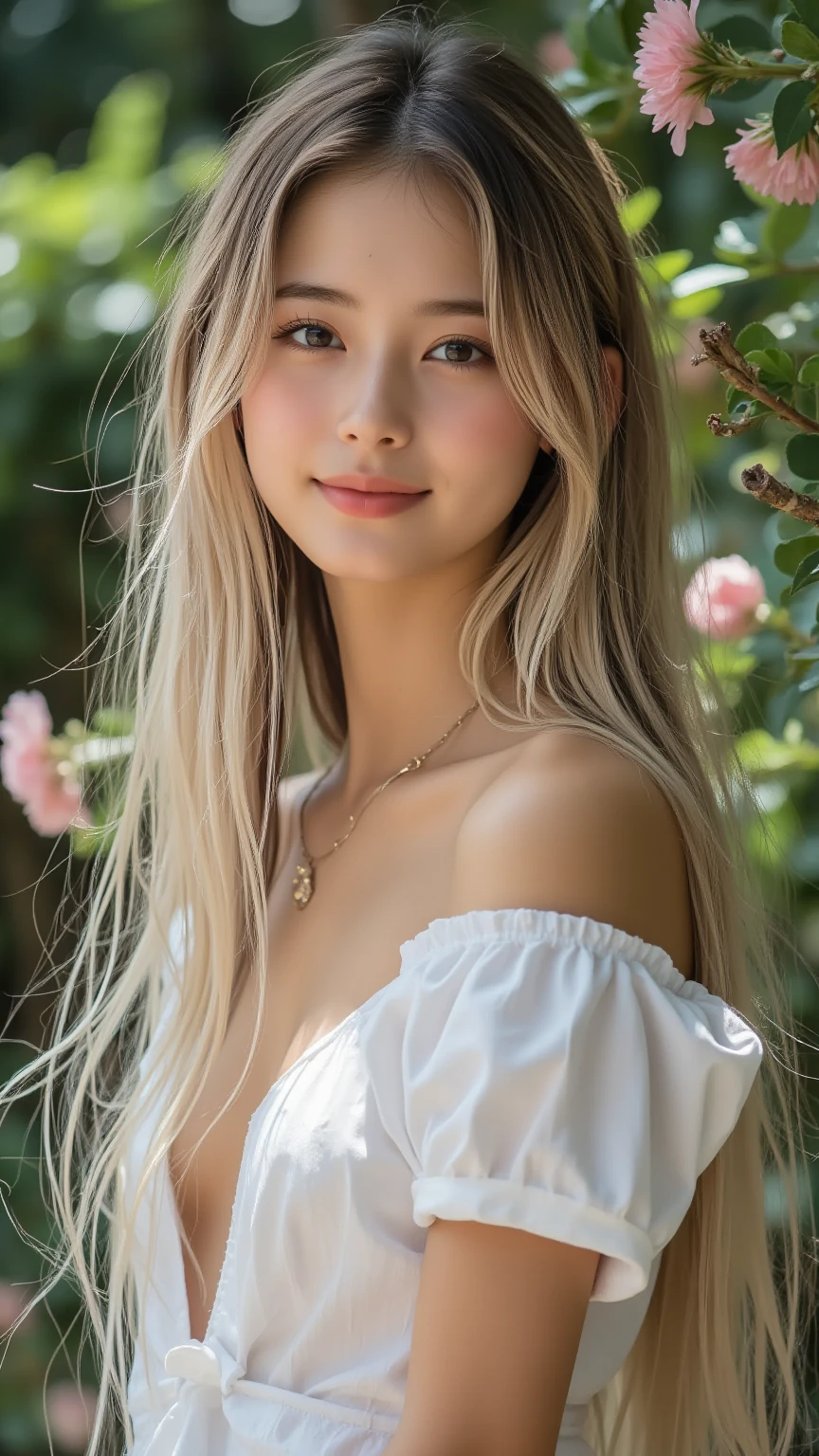 Overlooking, Panorama, perspective, Depth of written boundary, bust, Upper Body, Movie angle, Tabletop, Highest quality, Ultra-detailed, Hmph, 8k wallpaper, Beautiful Face, Delicate eyes, Landmines, alone, smile, Silver Hair, Golden Eyes, Fair skin, hair, Pink scarf, White evening dress, Rose Field, Pink flower, rose, Flower Field, petal, 舞い散るpetal, smile