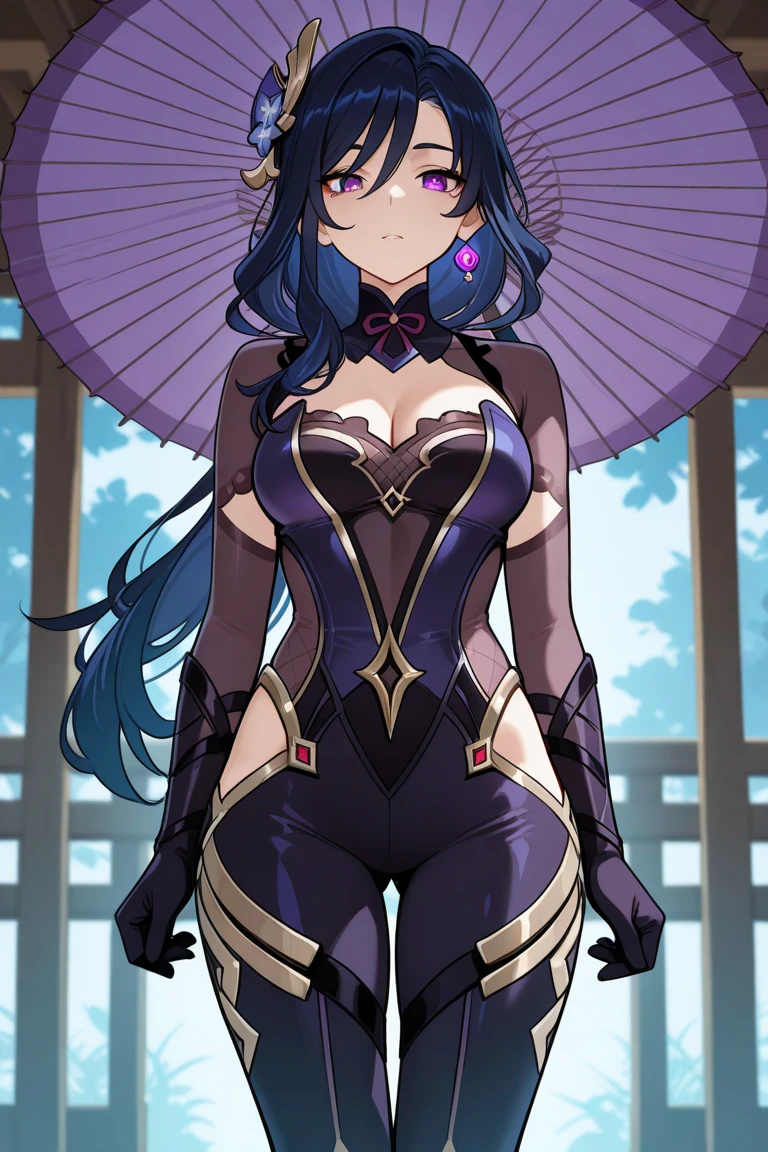 (((One Piece female character))), (Full body), (Sexy), (((Ultra long hair))), (((Purple hair with dark red))), ((long hair touches the ground)), (((electric blue eyes))), ((( moles under left eye))), (((moles under eye))), (((pale skin))), ((mischievous smile )), (((Sexy and defined body))), (((qipao suit))), (((net stockings))), (((big breasts))), (wide hips), ((( umbrella in hand))), (((ultra mega long hair))), (((defined bangs))) ((( very defined details)))(((well done drawing and illustration)))(((​​ masterpiece)))(((high quality)))(((detailed hands))), well-made hands, ((( Very well defined details, very detailed, mega detailed)))(((eiichiro oda shueisha style style one peace books style a1 images style))).