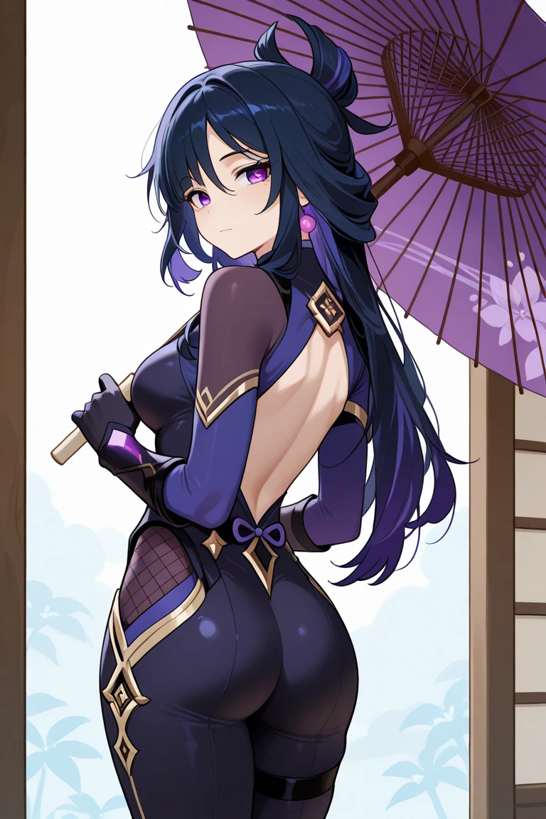 a femboy , in panties, 17 years, Beautiful, feminine , трапlong hair, long hair, black hair, Double tails, a high resolution, breasts, blushing, smile, purple eyes, stick out tongue, in profile, simple background, anime, anime style,