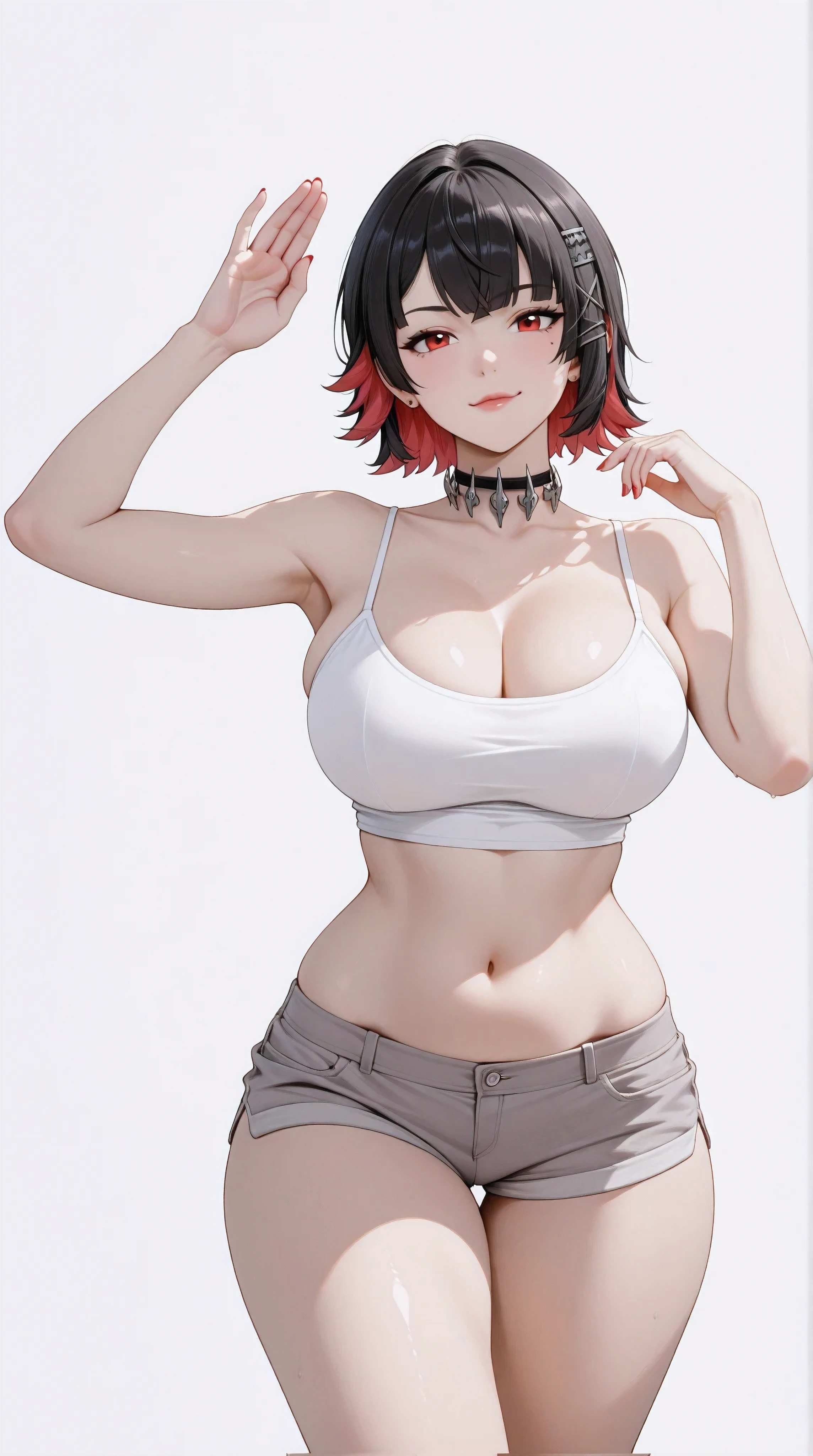 masterpiece, extremely detailed, perfect skin texture, 4k, solo, 1girl, adult,((fullbody)), stand up, ellen joe, sexy legs, perfect body, large breasts, white tshirt, grey shorts, housewife, soft light, high detailed, best quality, midriff, navel, navel line, belly, bare belly, sexy, hot girl, hot woman, big breasts, sexy girl, sexy woman, korean face, beautiful, thick thighs, thigh thighs, upper body, tshirt, crop top, beautiful girl, beautiful woman, hot pose, perfect hands, wide hips, expressive, looking at viewers, front look, sexy pose, photography, white plain background, white background, mature, cleavage, girlish face, red eyes, black hair, short hair, colored inner hair, hairclip, ellenJoeZzz, cowboy shot,((white plain background))