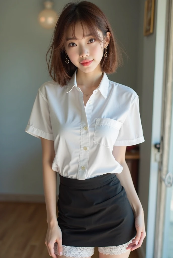 SFW, top-quality、​masterpiece、Highly detailed background、‎Classroom、2girls, Medium bob hair、Light brown beautiful hair、beautiful eyes of light brown、hi-school girl、校服、blouse、pleatedskirt、plump big breasts、white  panties、Embarrassed look、Open legs、