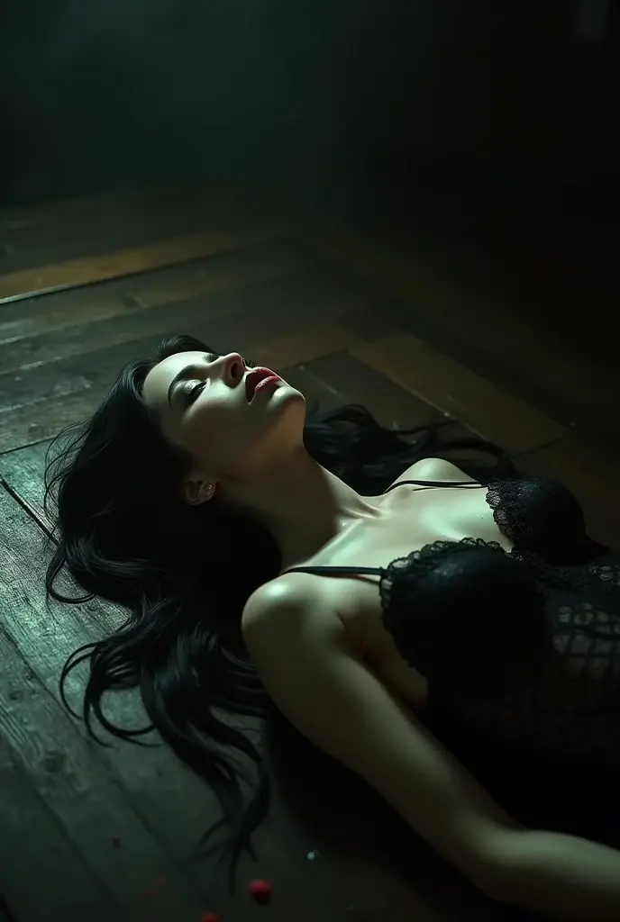 Brazilian 30-year-old extremely beautiful woman Big Breasts Slightly chubby The woman is in the basement. Completely naked A mask with anesthetic gas for the mouth Lying asleep with eyes closed Both arms are lying by the side of the body A tentacle wraps around a woman's thigh Tentacles are attacking a female